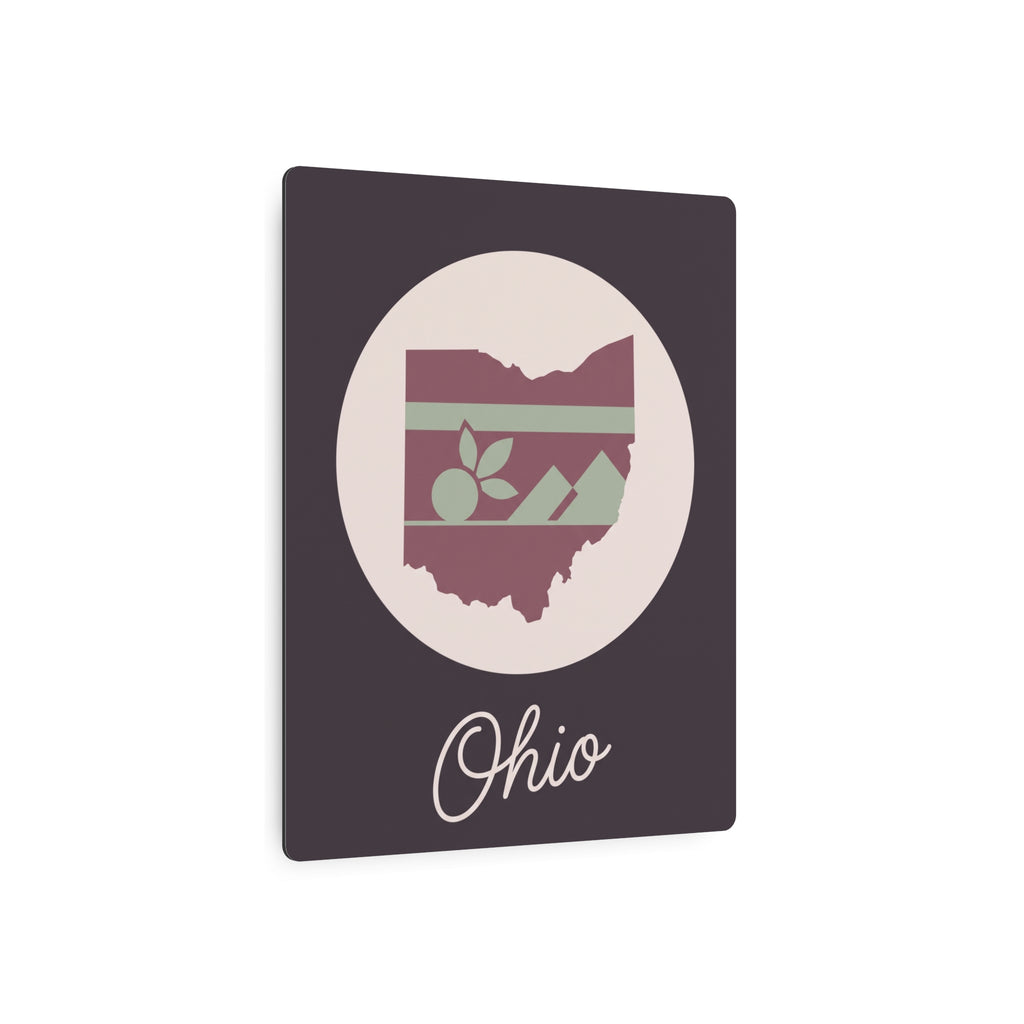 Mauve square metal sign featuring Ohio silhouette emblem and cursive 'Ohio' text
