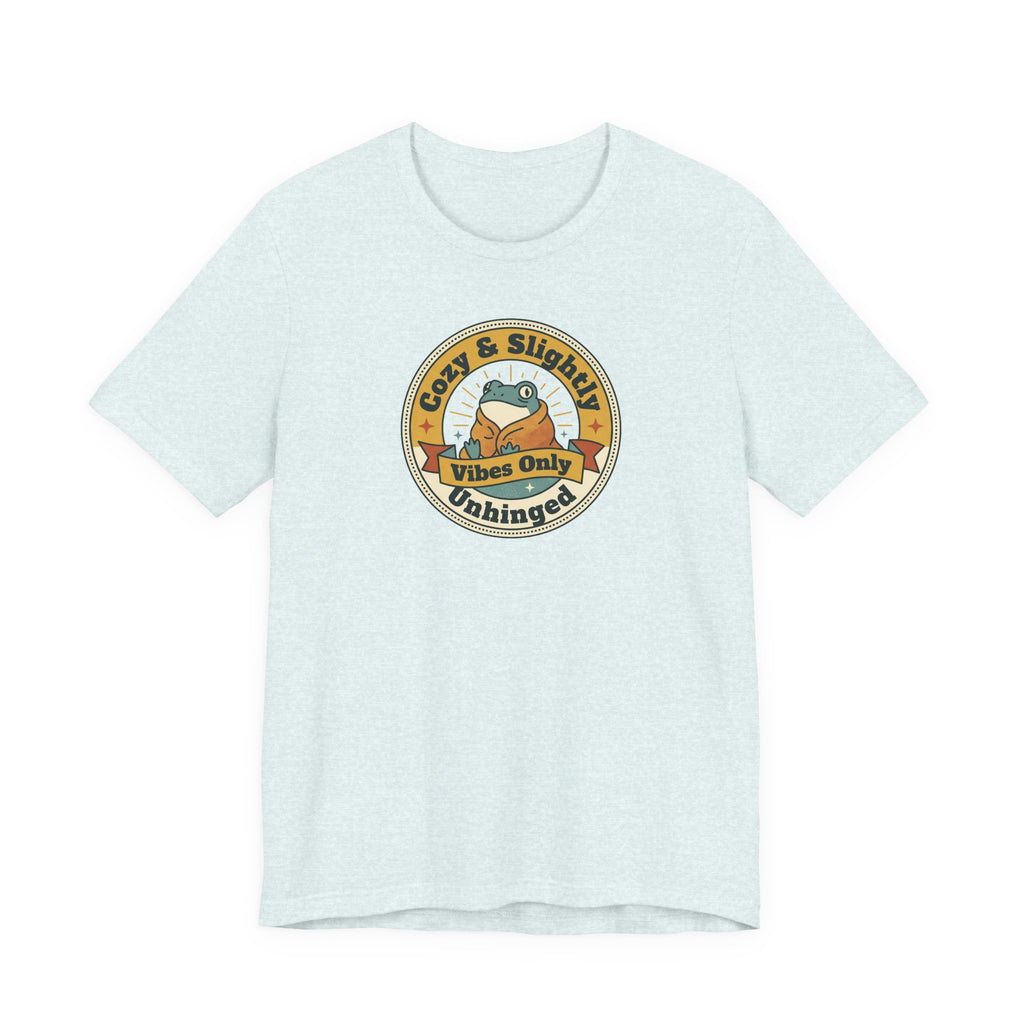 Pale aqua sloth graphic T-shirt with round badge emblem on chest