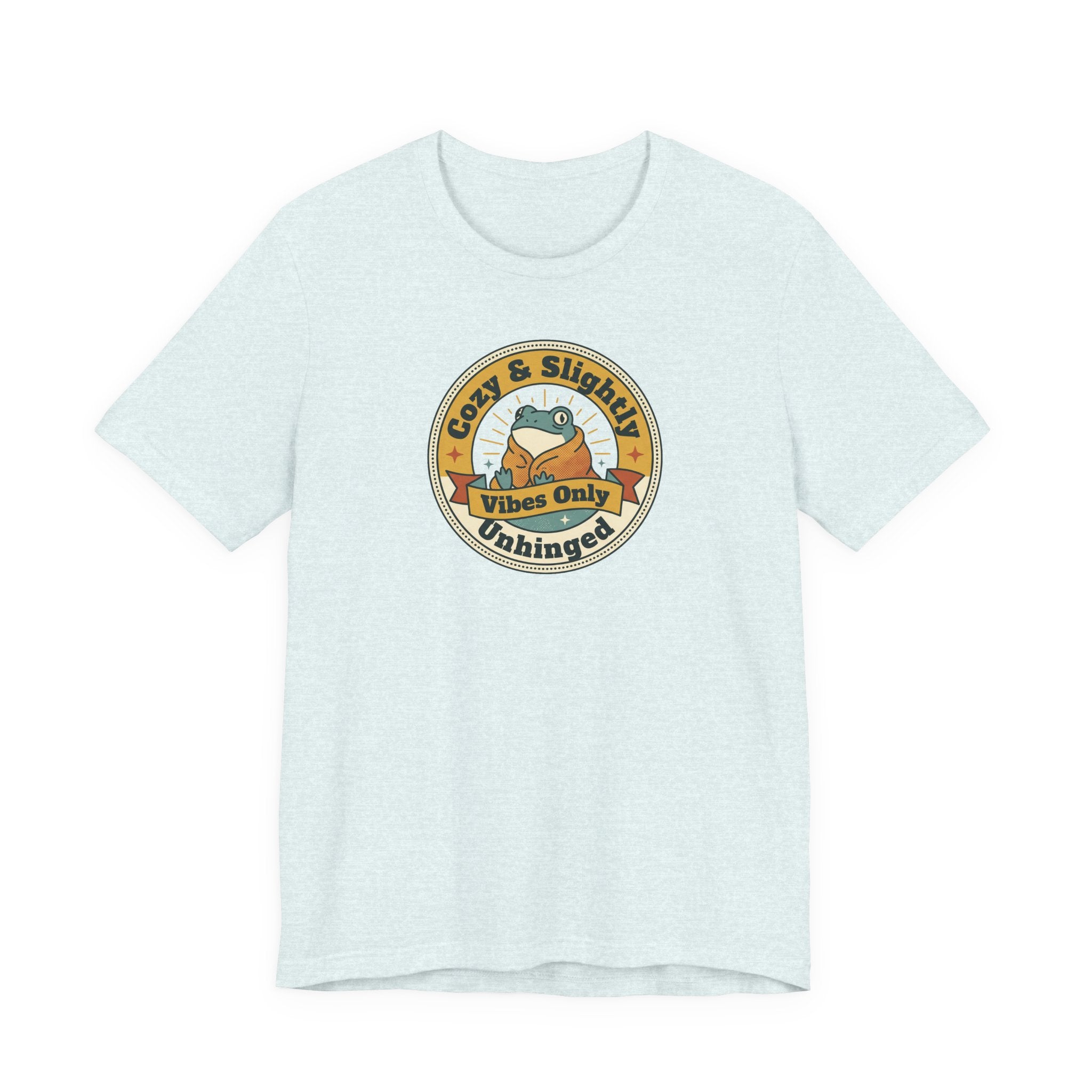 Pale aqua sloth graphic T-shirt with round badge emblem on chest