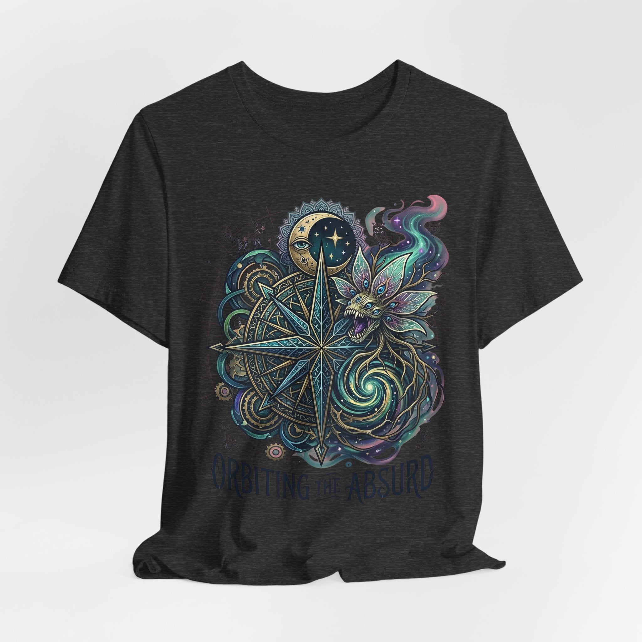 Celestial Compass T-Shirt (Dark Grey Heather) “ORBITING THE ABSURD” front print