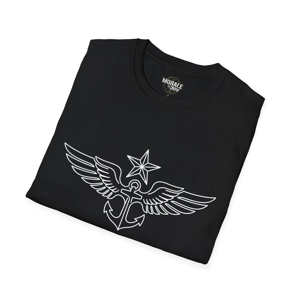 Black t-shirt with winged anchor star emblem graphic on the chest