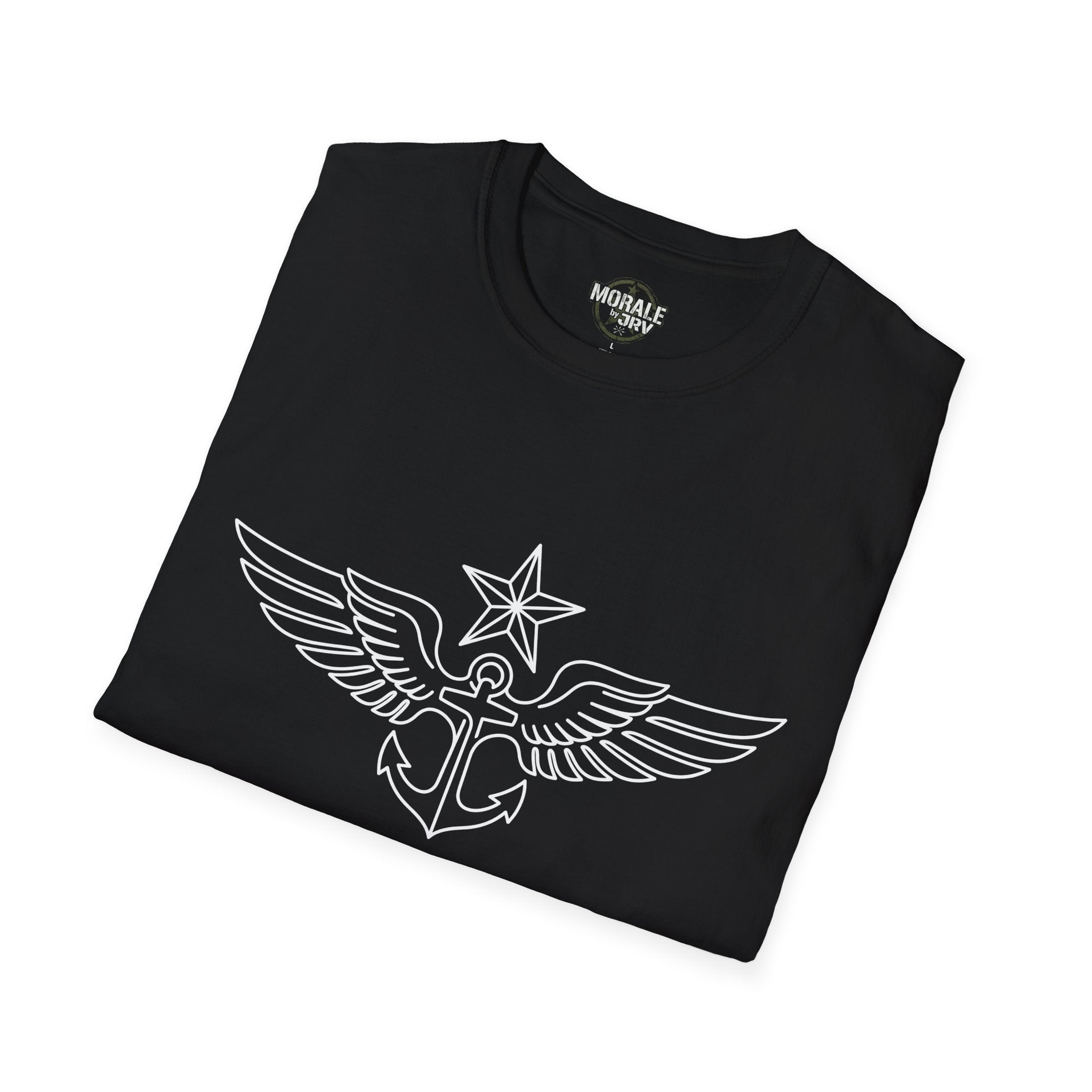 Black t-shirt with winged anchor star emblem graphic on the chest