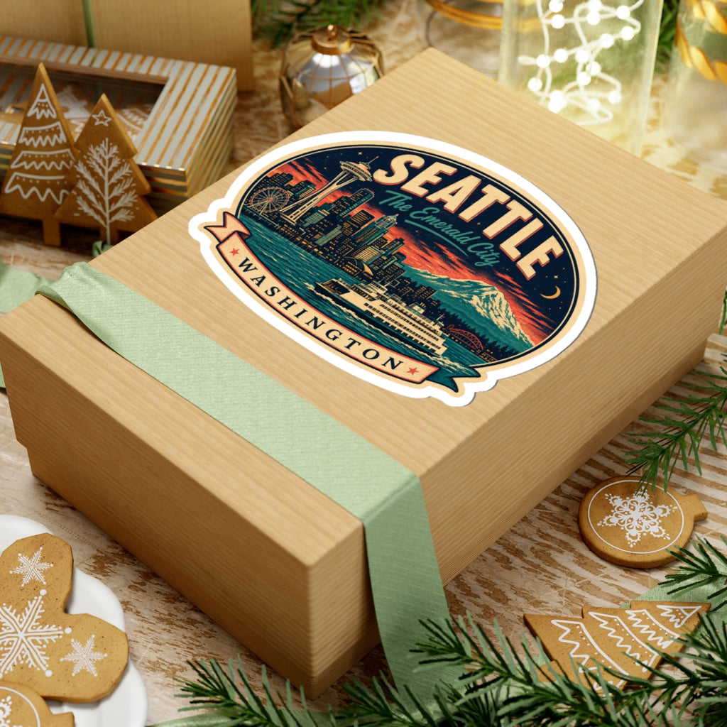 Seattle luggage tag sticker on a gift box, circular badge with city skyline, Space Needle, and WA
