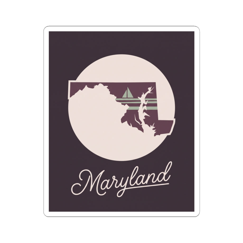 Maryland state silhouette vinyl sticker with mauve square, circular badge, and “Maryland” script