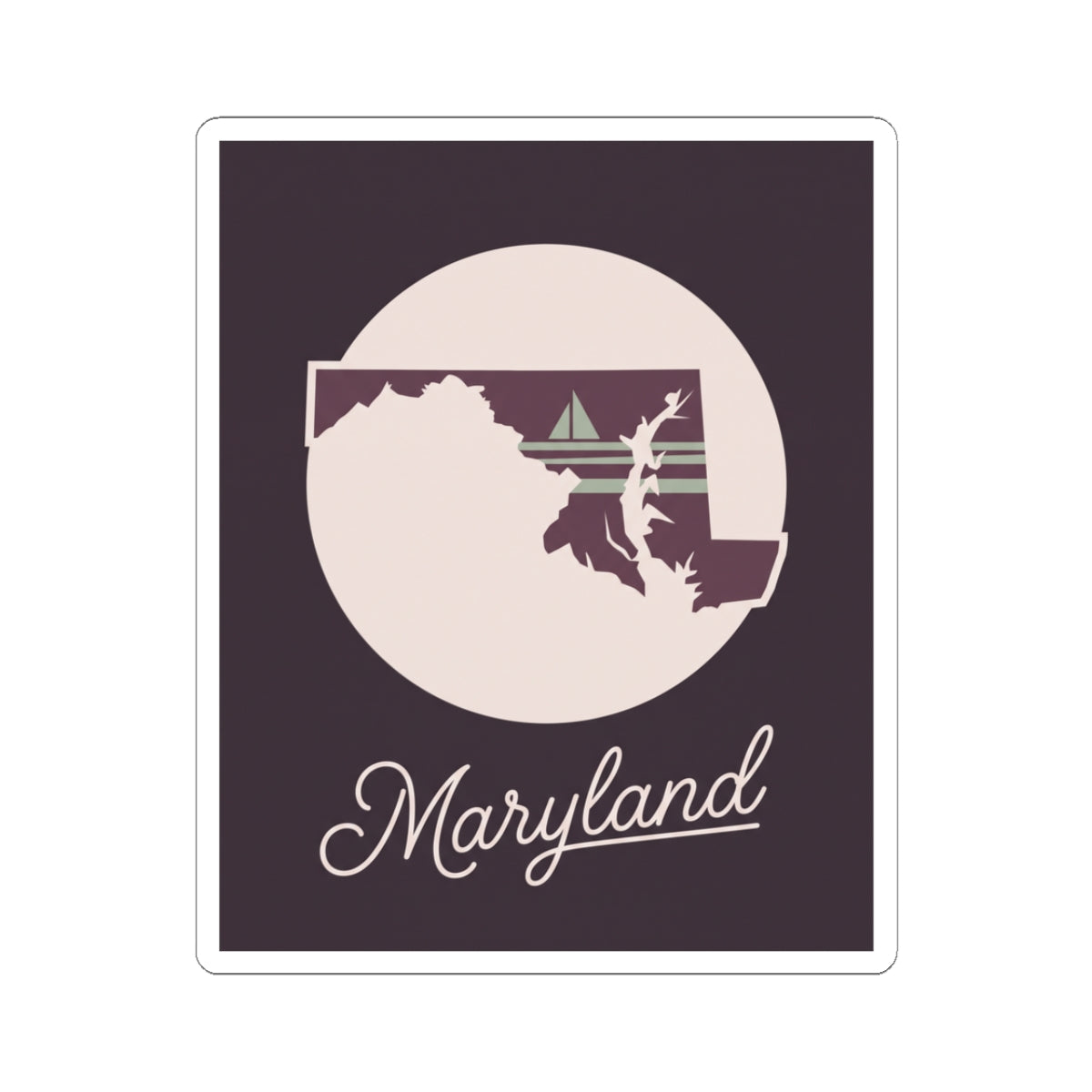 Maryland state silhouette vinyl sticker with mauve square, circular badge, and “Maryland” script