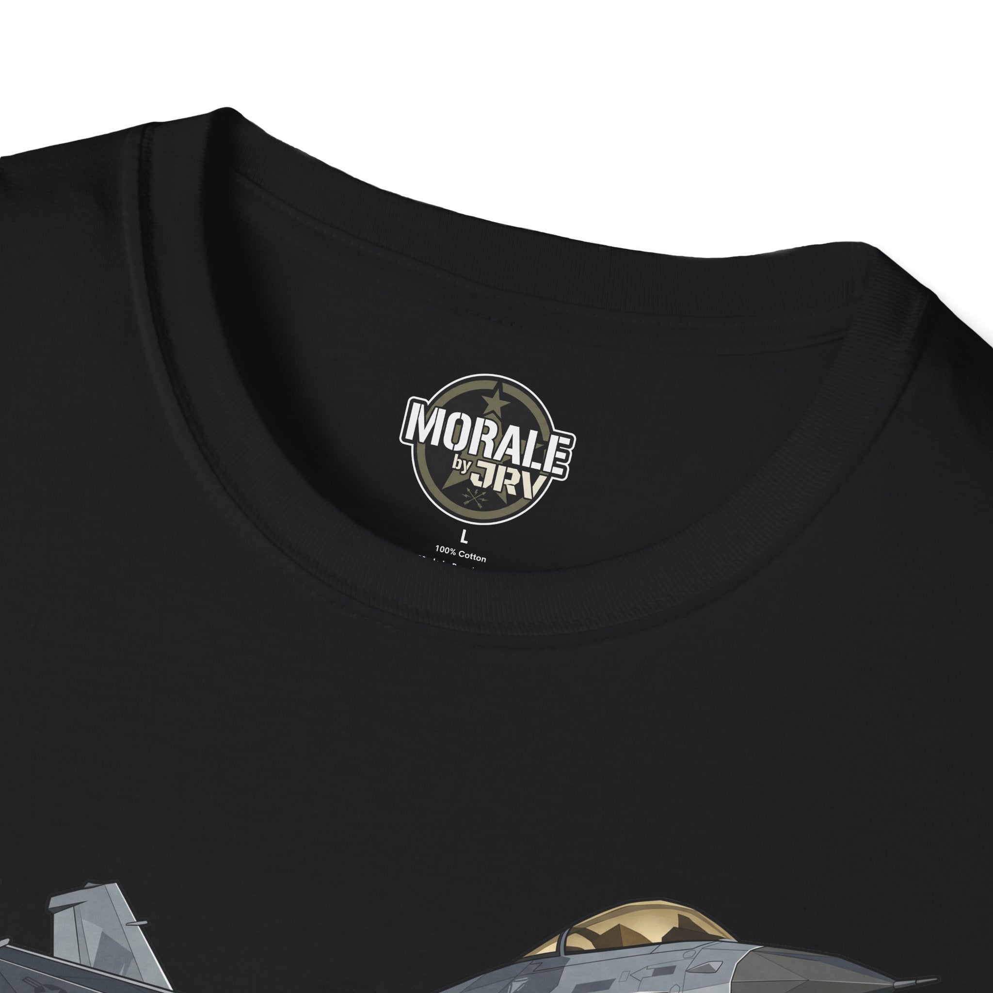 F-16 T-shirt close-up of black crew neck logo and partial jet graphic