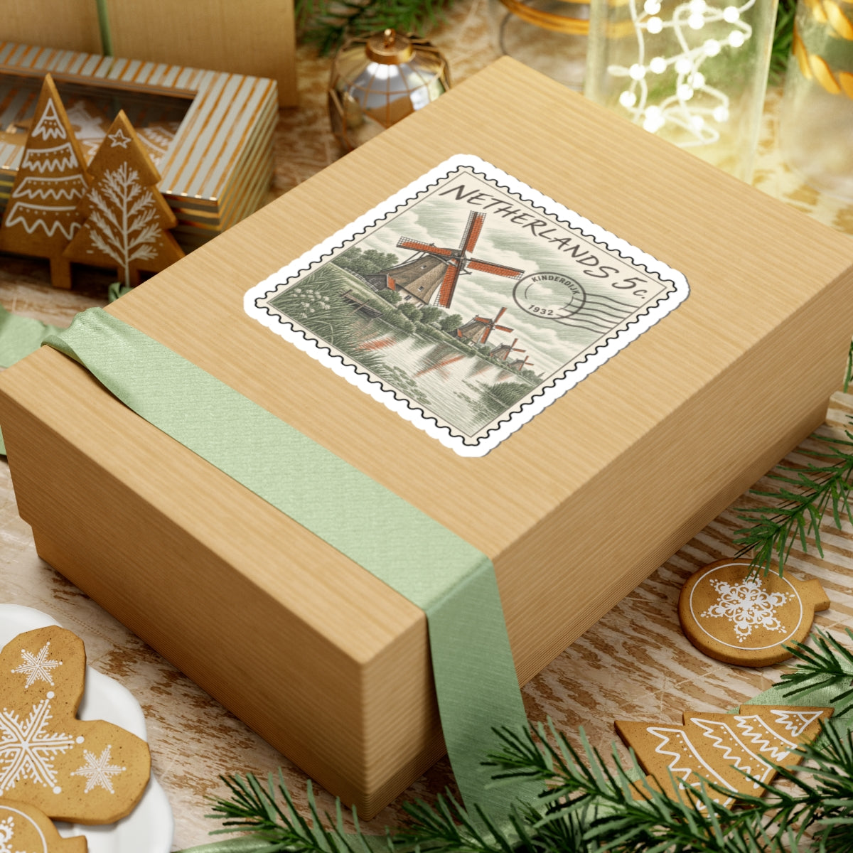 Netherlands 5c windmill stamp sticker on a wrapped gift box with green ribbon