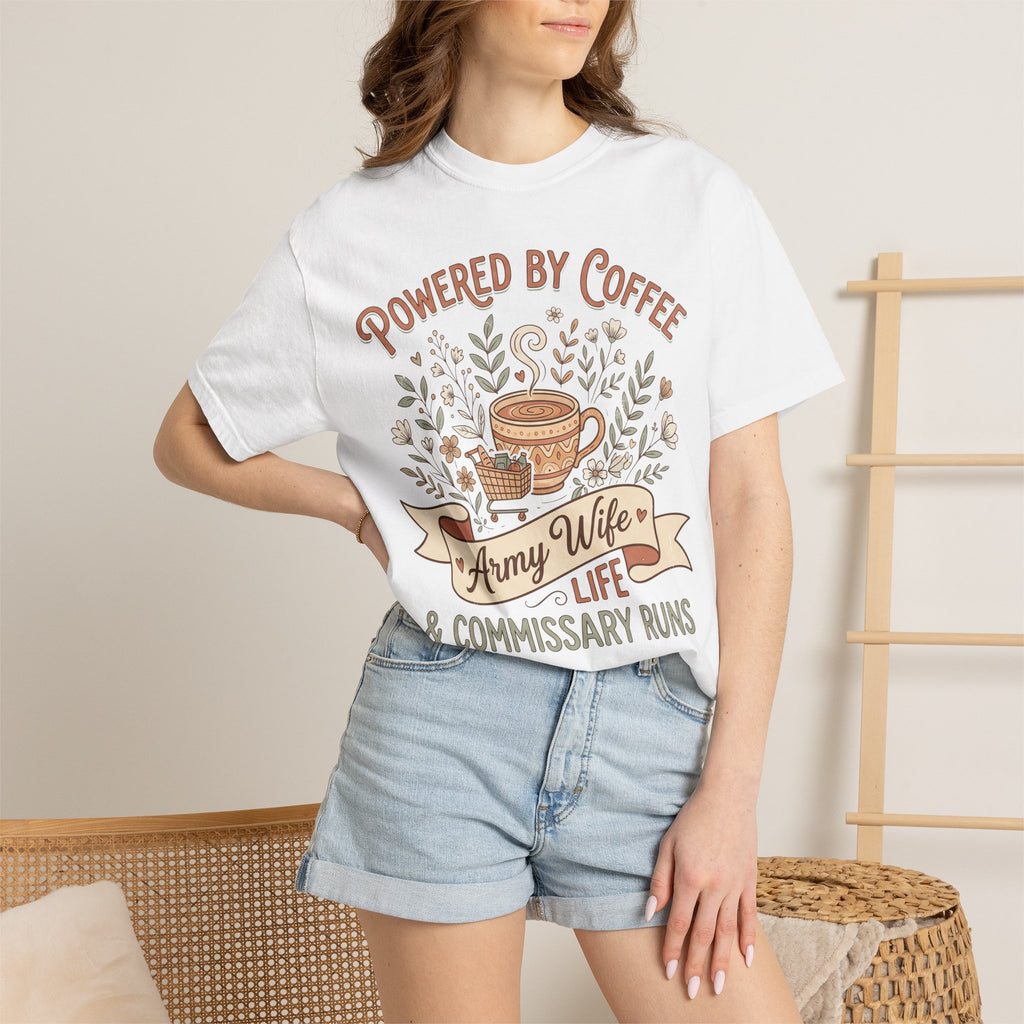 White crewneck T-shirt with coffee floral “Powered by Coffee” life graphic
