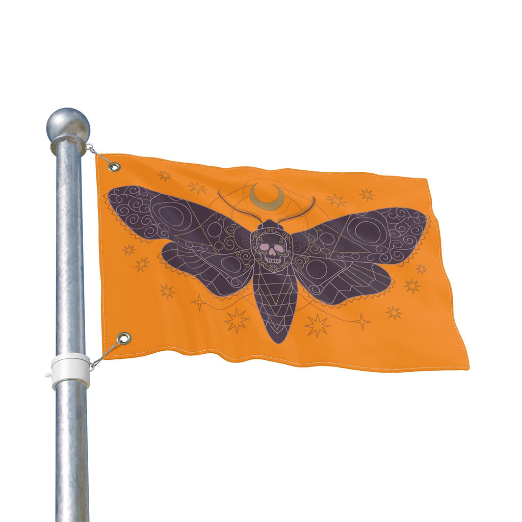 Orange moth skull flag on metal pole, purple wings and skull graphic visible.