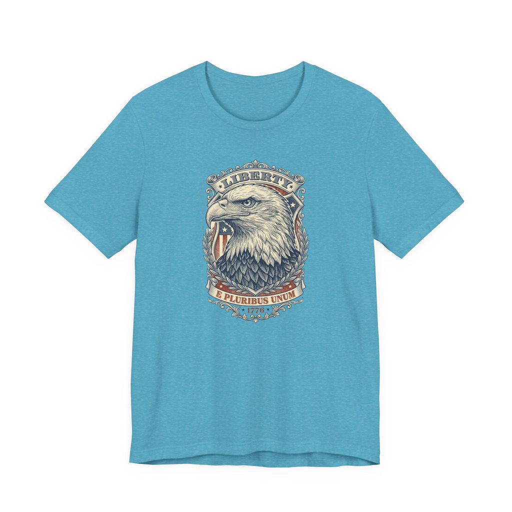 Eagle graphic tee in aqua blue with Liberty badge and bald eagle head print