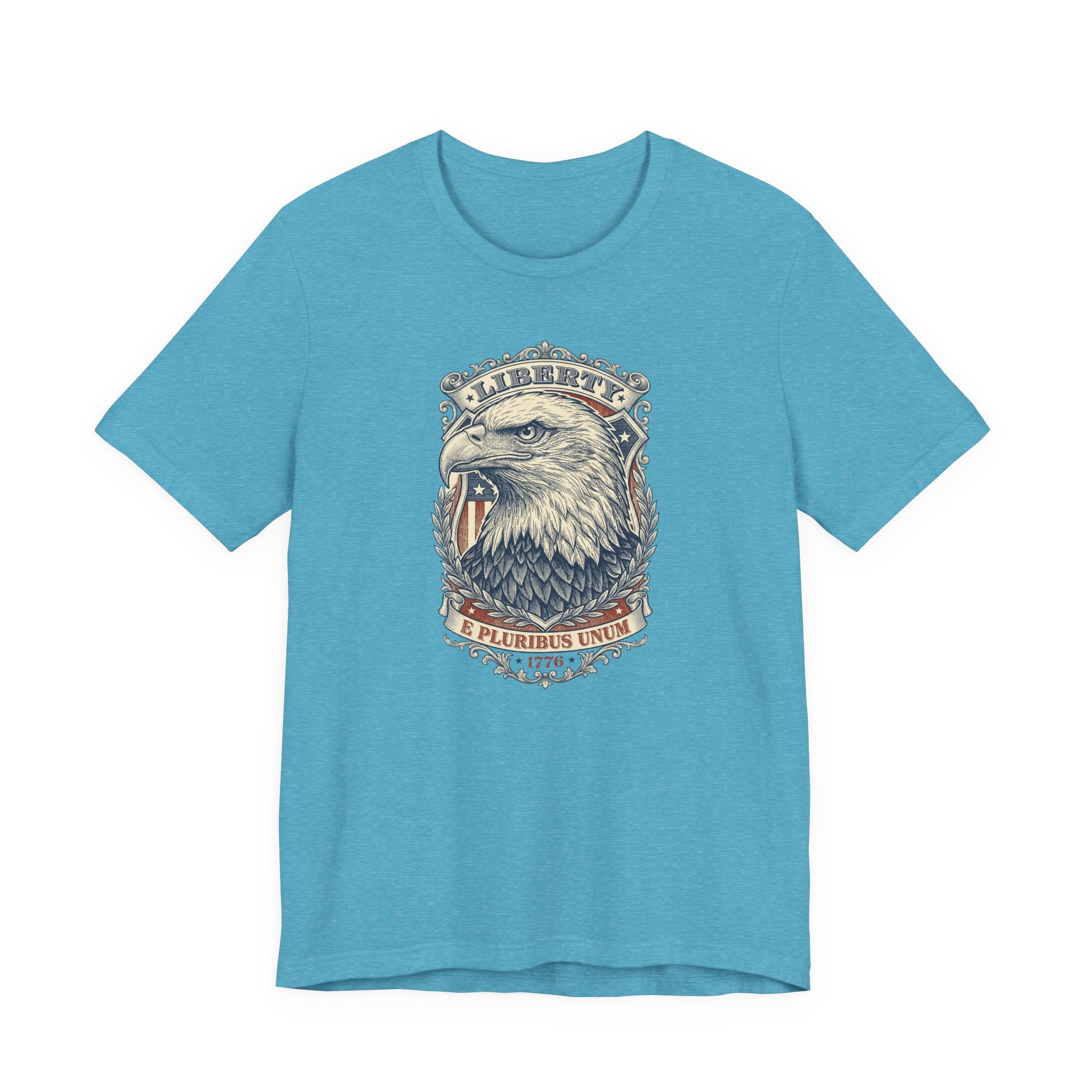 Eagle graphic tee in aqua blue with Liberty badge and bald eagle head print
