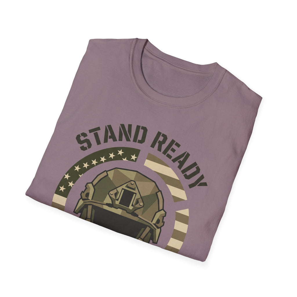 Light mauve crew-neck T-shirt with circular helmet graphic and "STAND READY" text