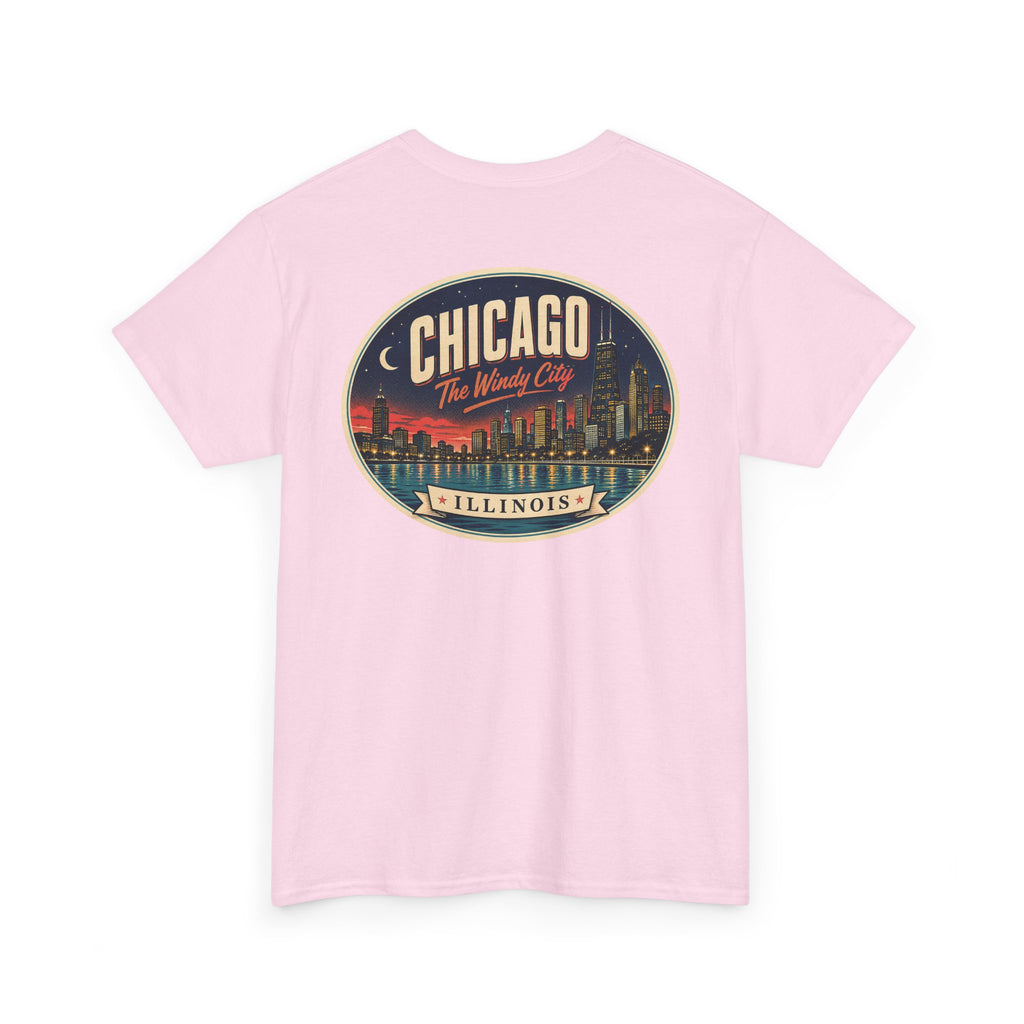 Light pink crew-neck T-shirt with large round Chicago city badge graphic