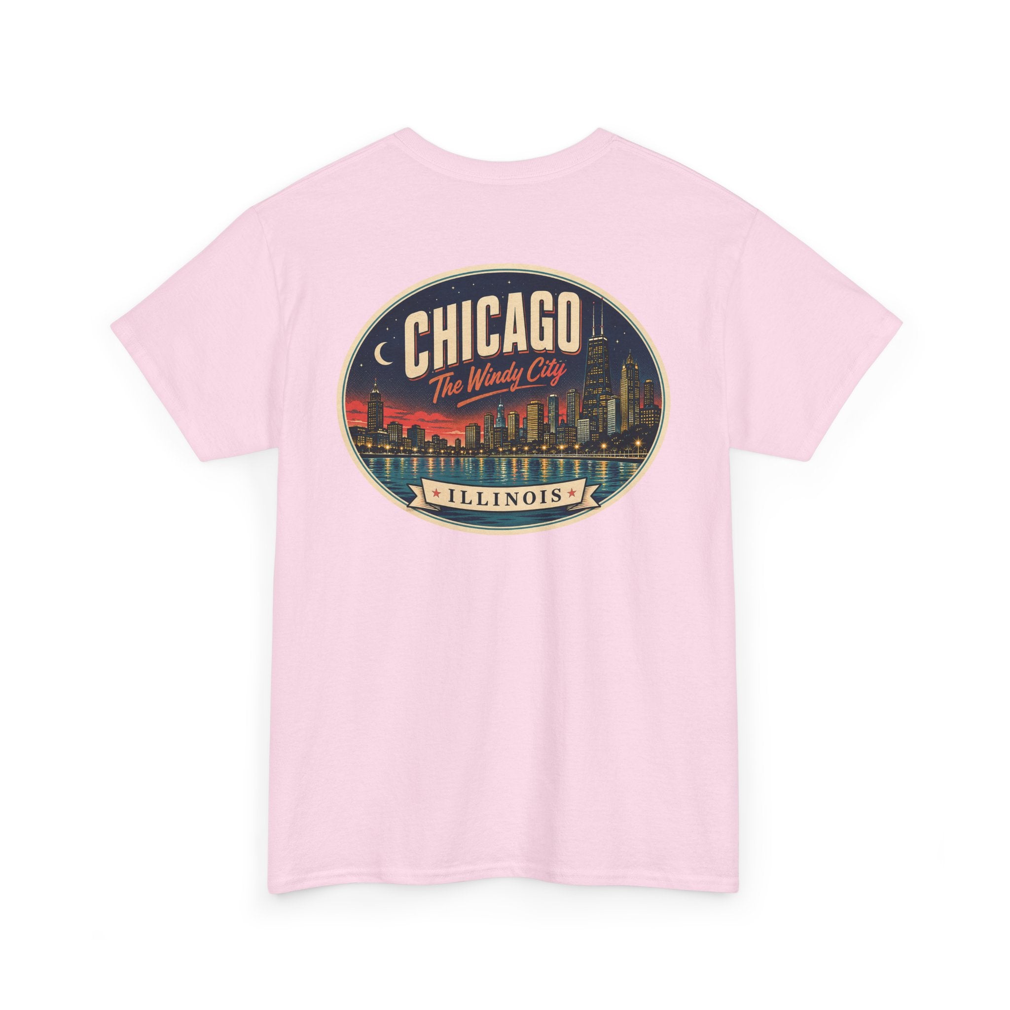 Light pink crew-neck T-shirt with large round Chicago city badge graphic