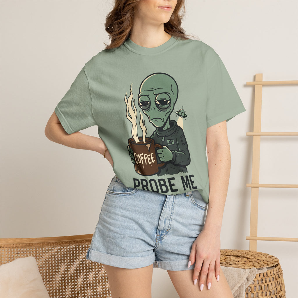 Seafoam green alien coffee graphic T-shirt on model, short sleeves, crew neck.