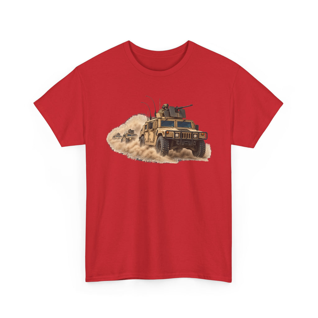 Red crew-neck T-shirt with armored vehicle graphic and tan dust cloud