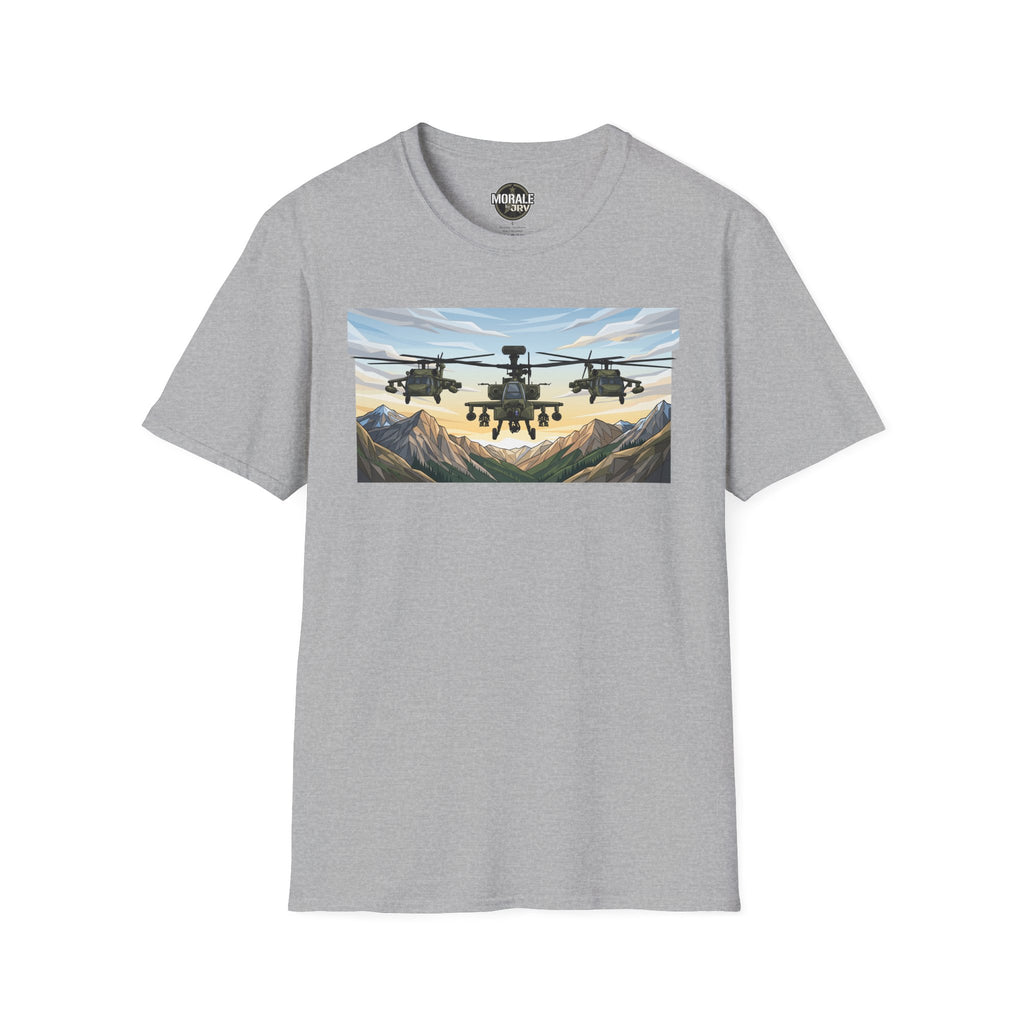 Sport Grey T-shirt featuring a row of helicopters over mountain valley