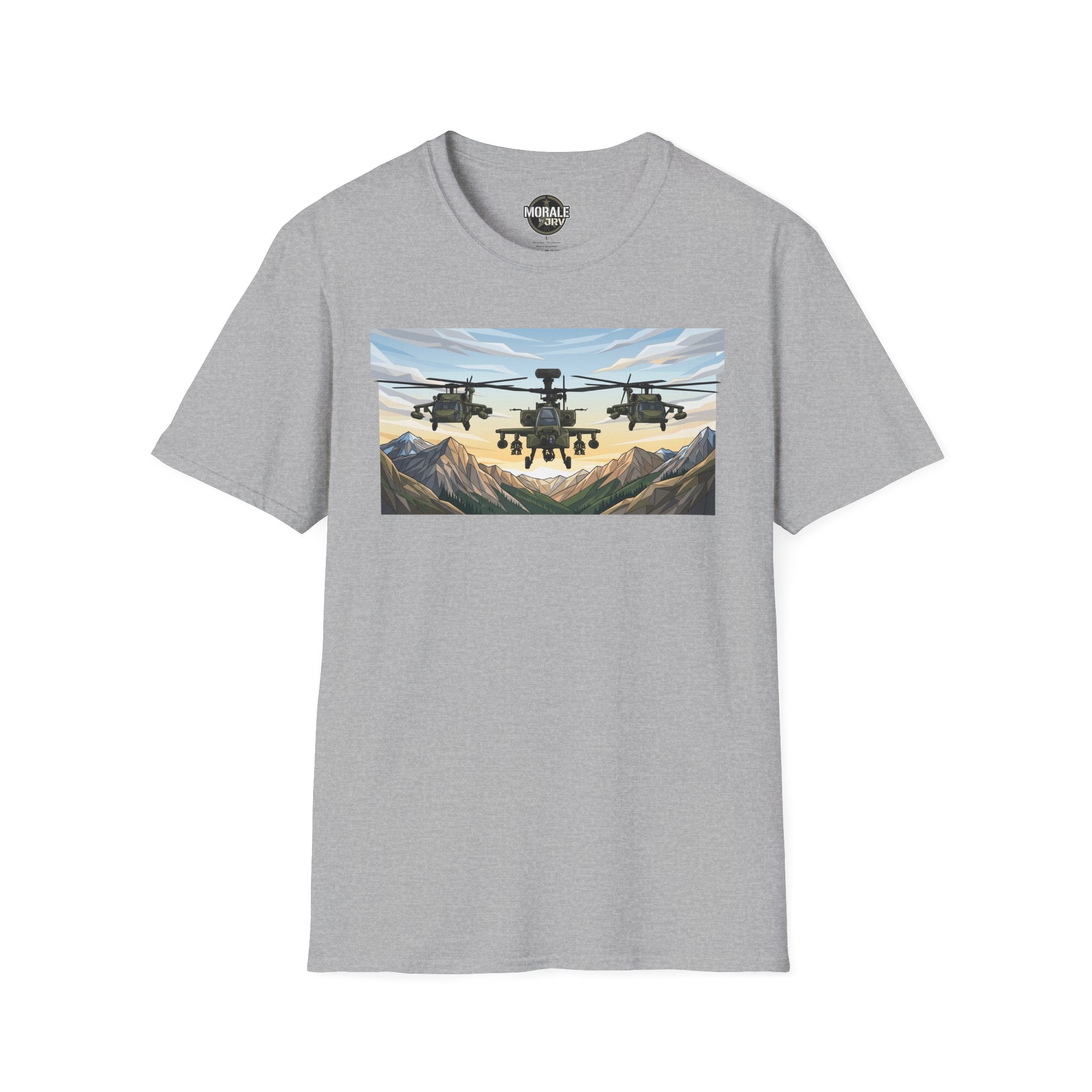 Sport Grey T-shirt featuring a row of helicopters over mountain valley