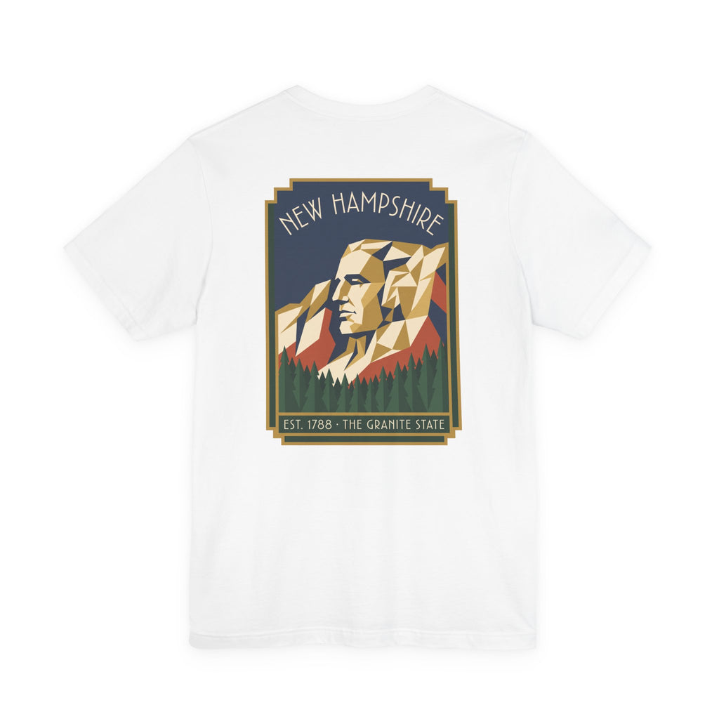 Graphic T-shirt in white with square mountain face graphic centered on back