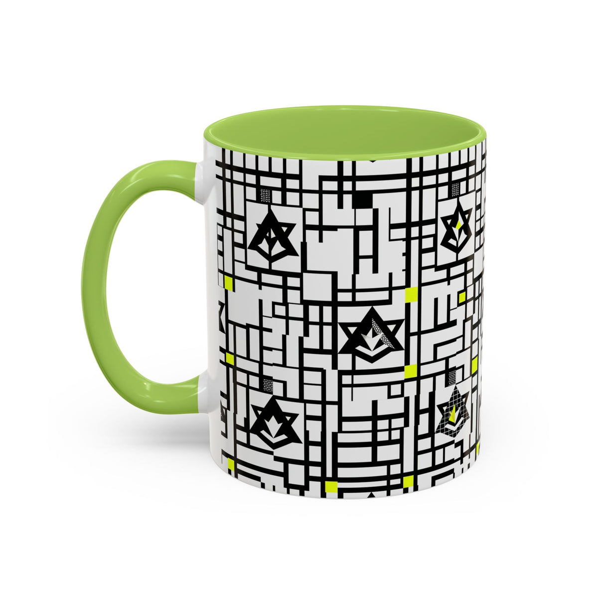 Geometric star grid mug with black-and-white pattern, lime green handle and rim