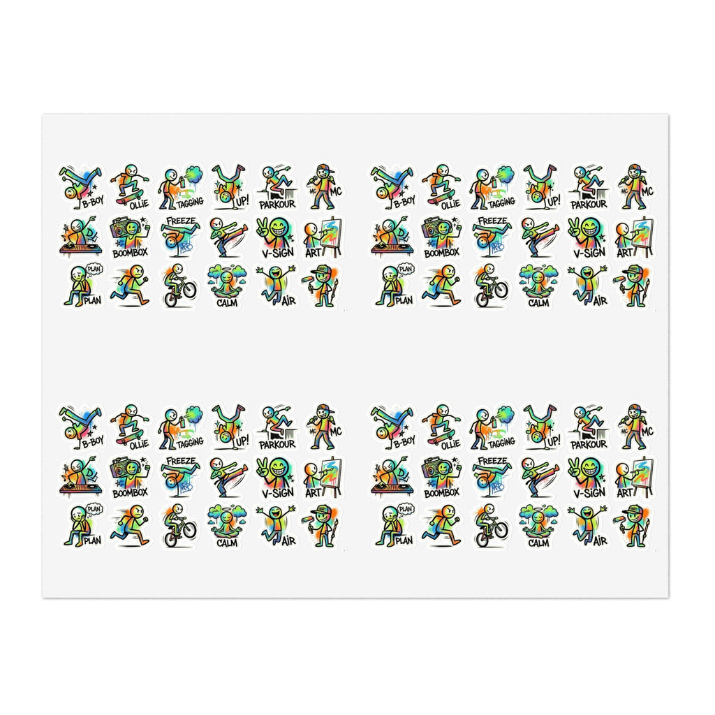 Die-cut activity sticker sheet with multiple small cartoon figures arranged in rows