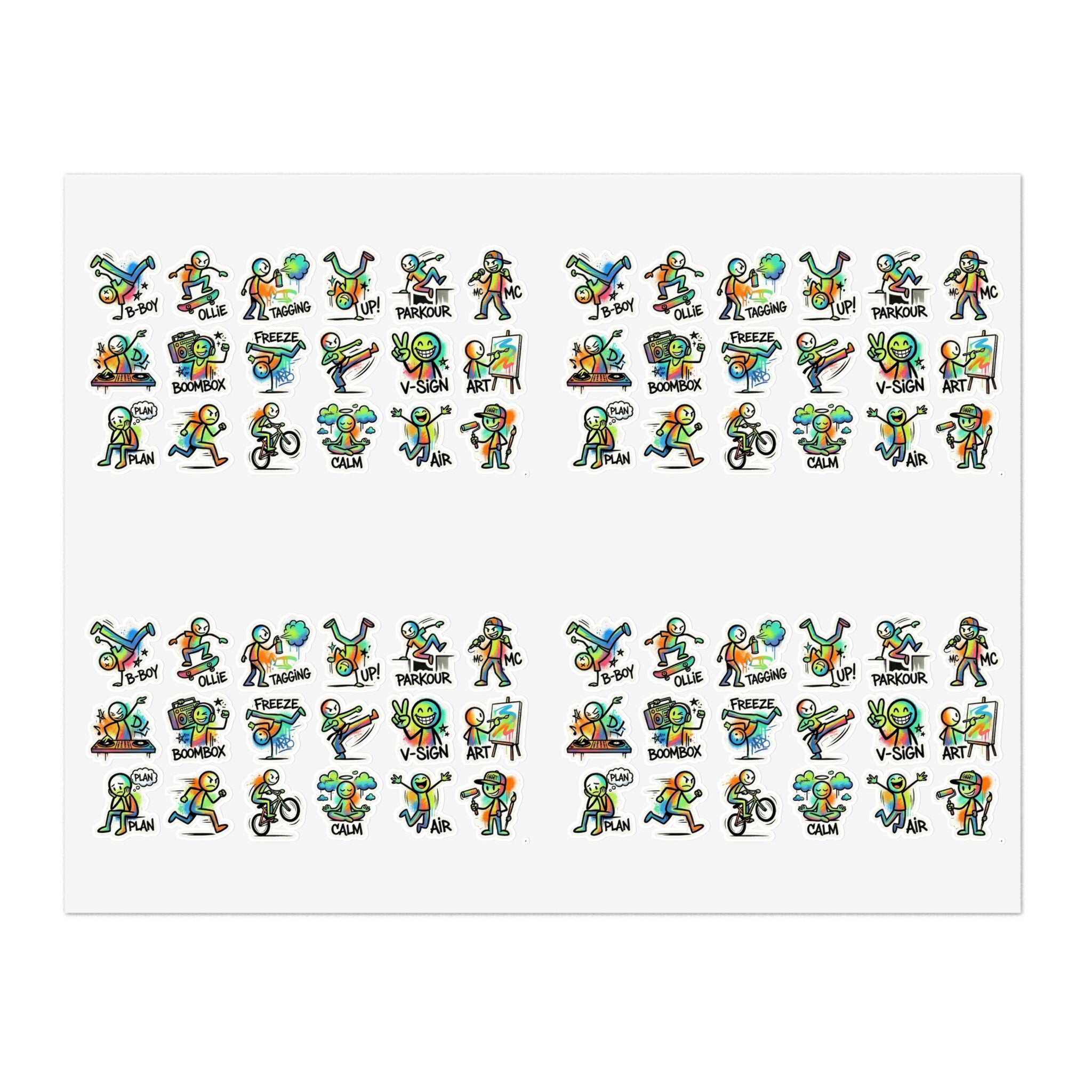 Die-cut activity sticker sheet with multiple small cartoon figures arranged in rows