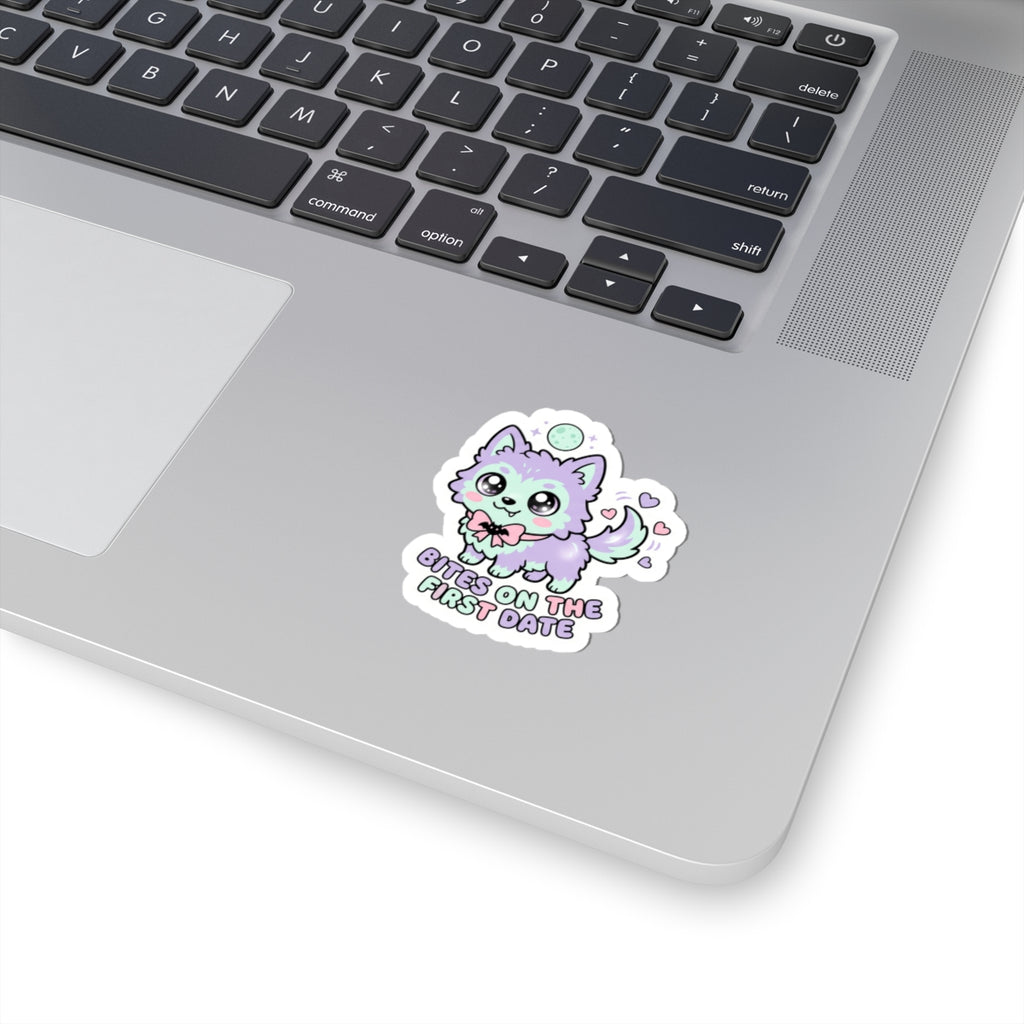 Kawaii wolf kiss-cut sticker with purple and mint cartoon head and small text