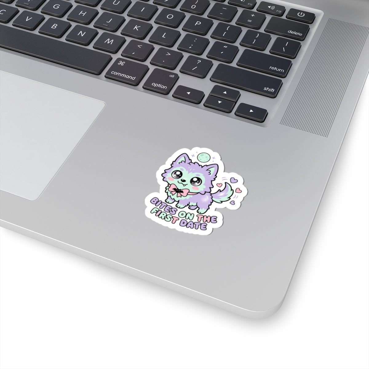 Kawaii wolf kiss-cut sticker with purple and mint cartoon head and small text
