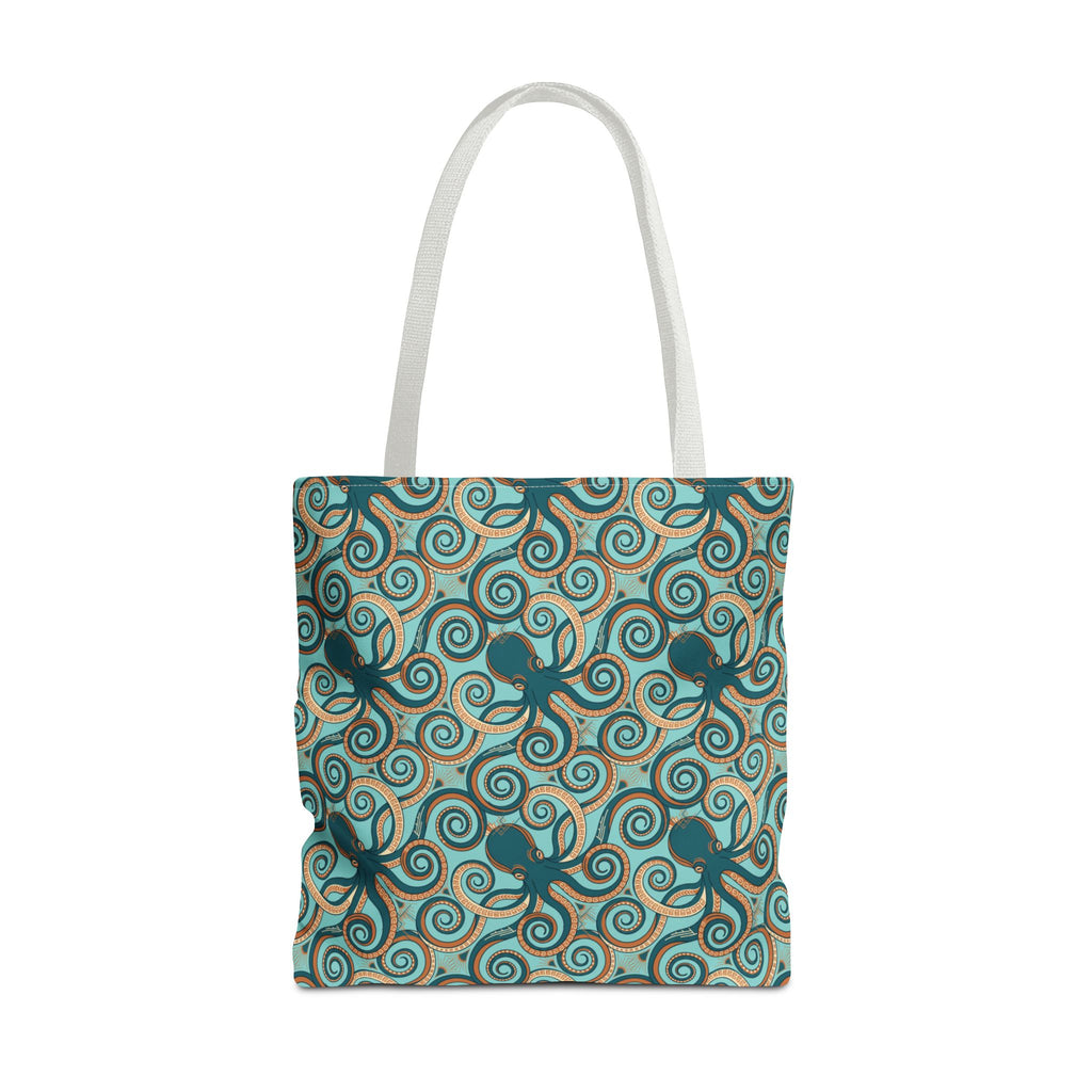 Teal tote bag with all-over octopus swirl pattern and light handles