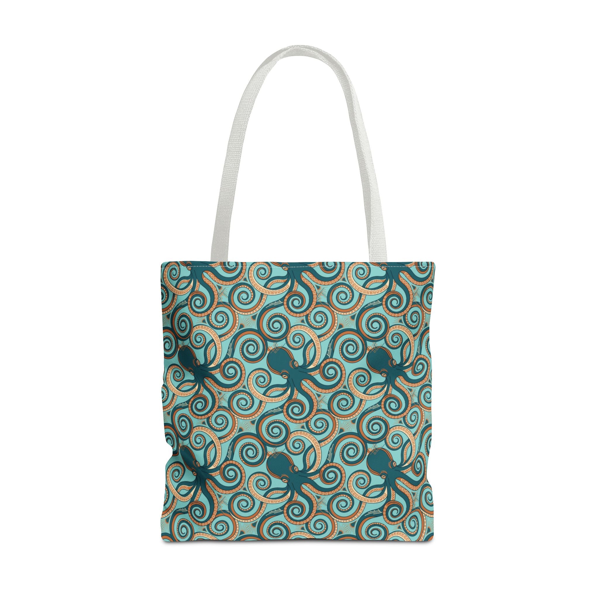 Teal tote bag with all-over octopus swirl pattern and light handles