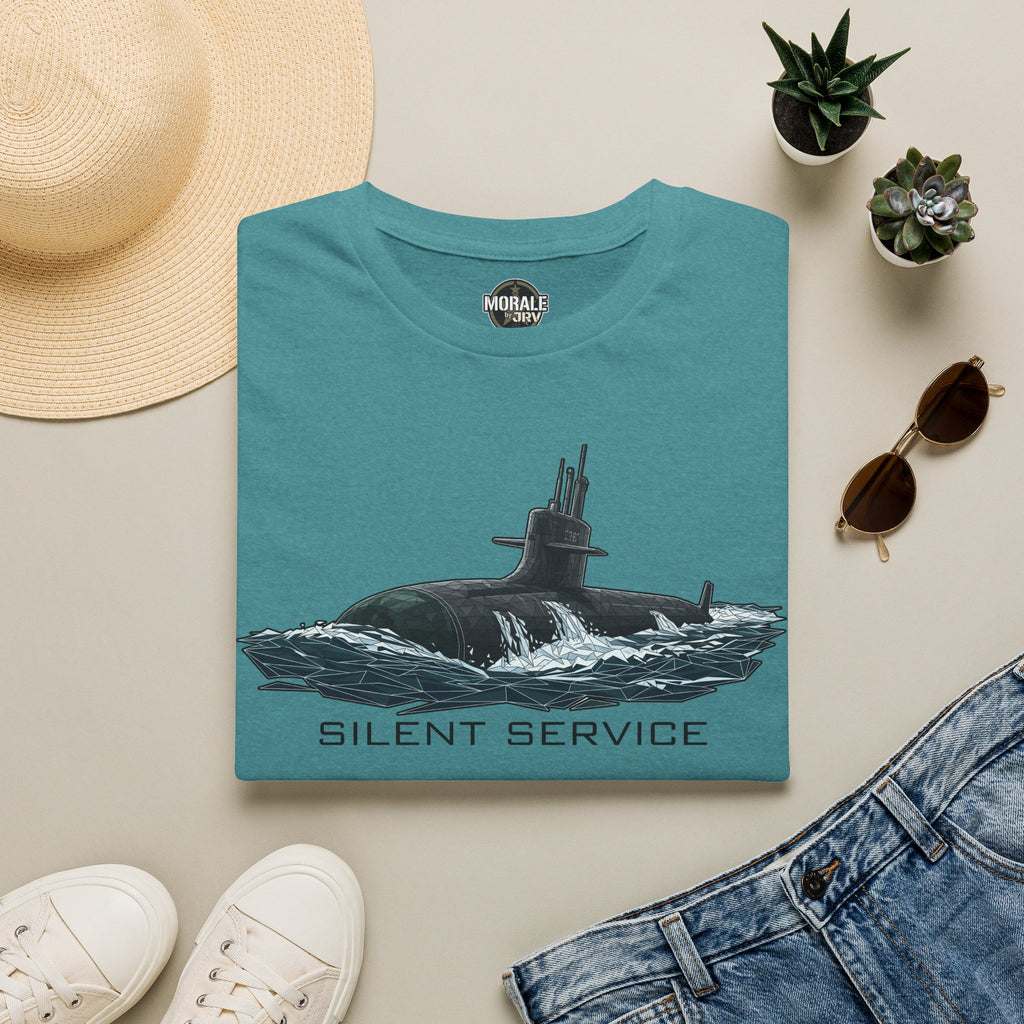 Teal crew-neck T-shirt with submarine graphic and 'Silent Service' text