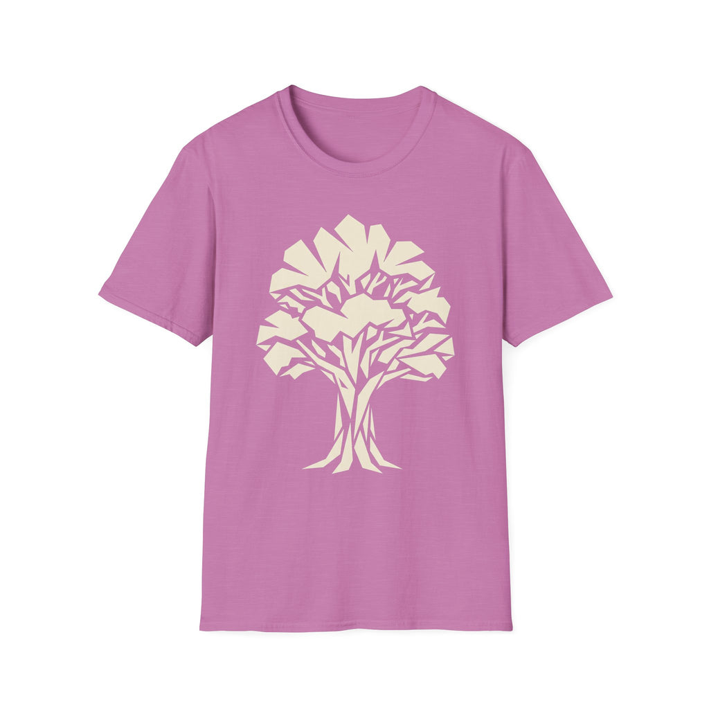 Purple t-shirt with white geometric tree silhouette graphic on the front