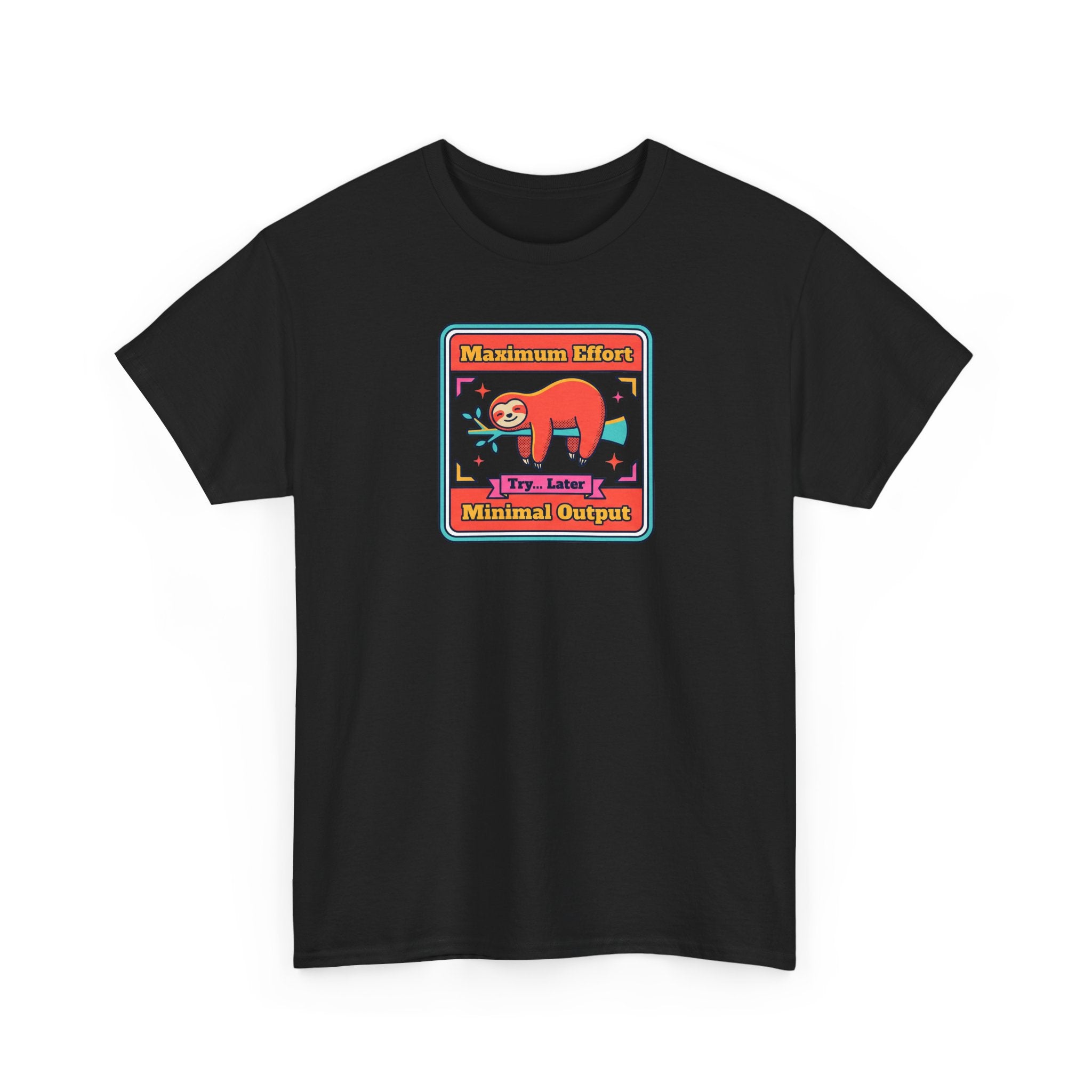 Black T-shirt with crew neck, short sleeves, and colorful sloth graphic front