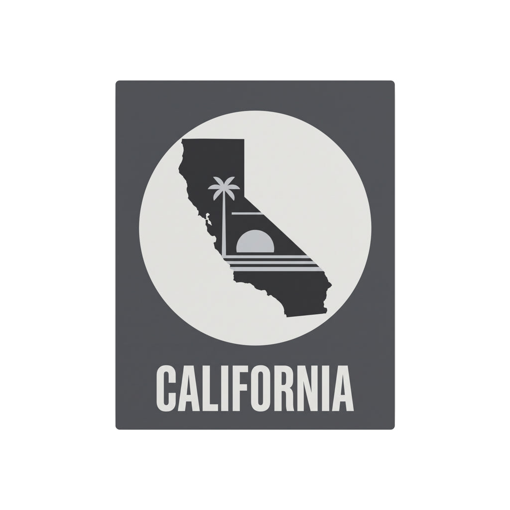 California metal wall sign with circular rays, palm tree icon and 'CALIFORNIA' lettering