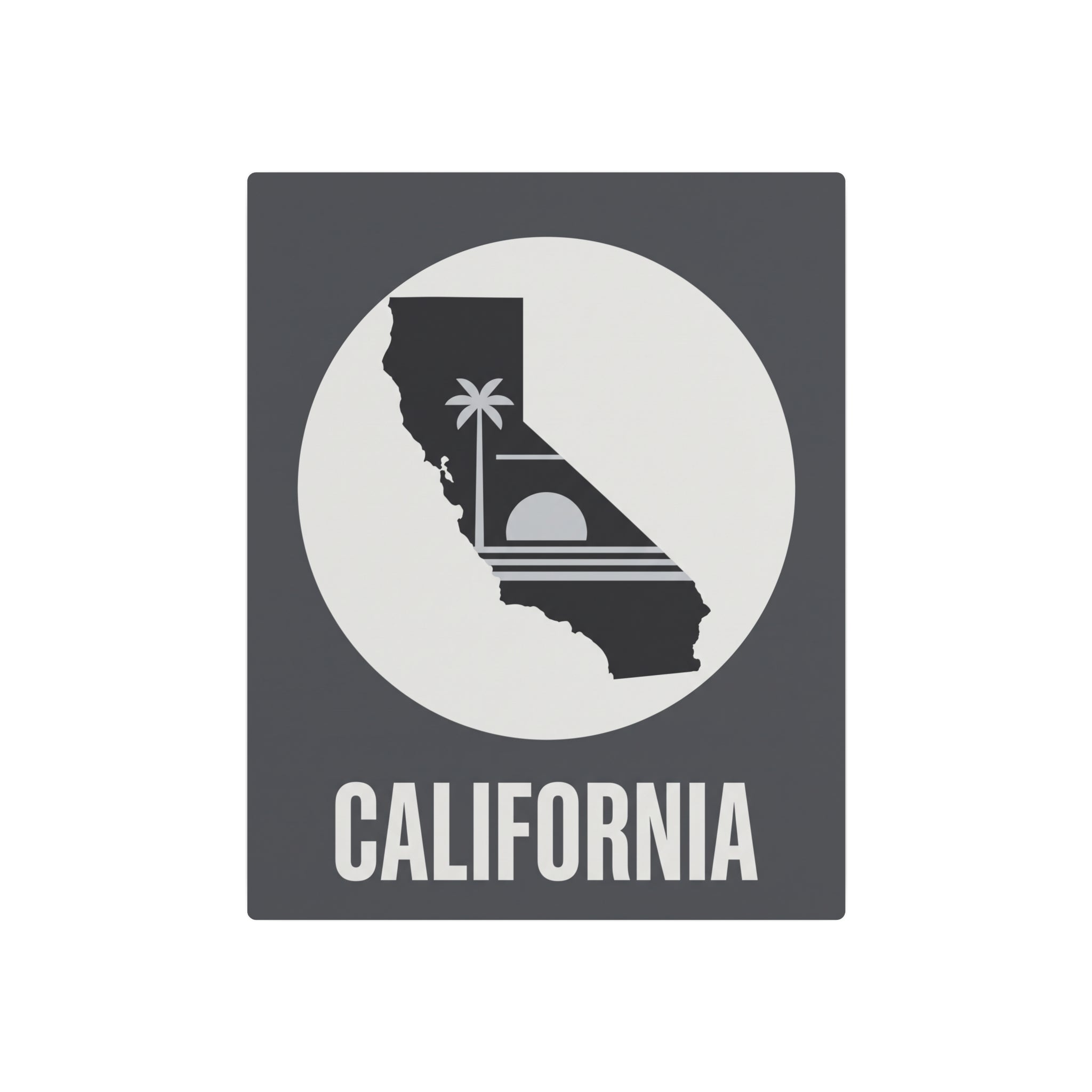 California metal wall sign with circular rays, palm tree icon and 'CALIFORNIA' lettering