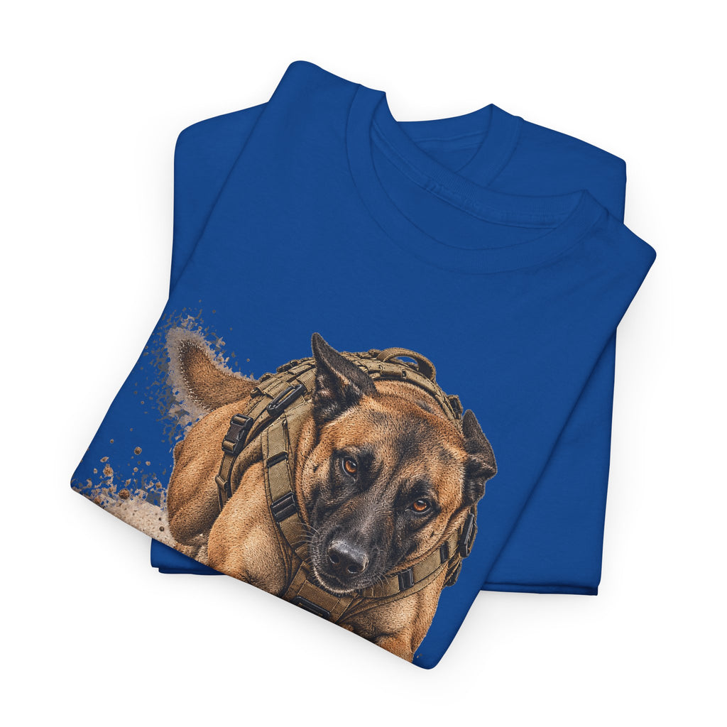 Royal blue tactical working dog graphic T-shirt with Belgian Malinois face and headset