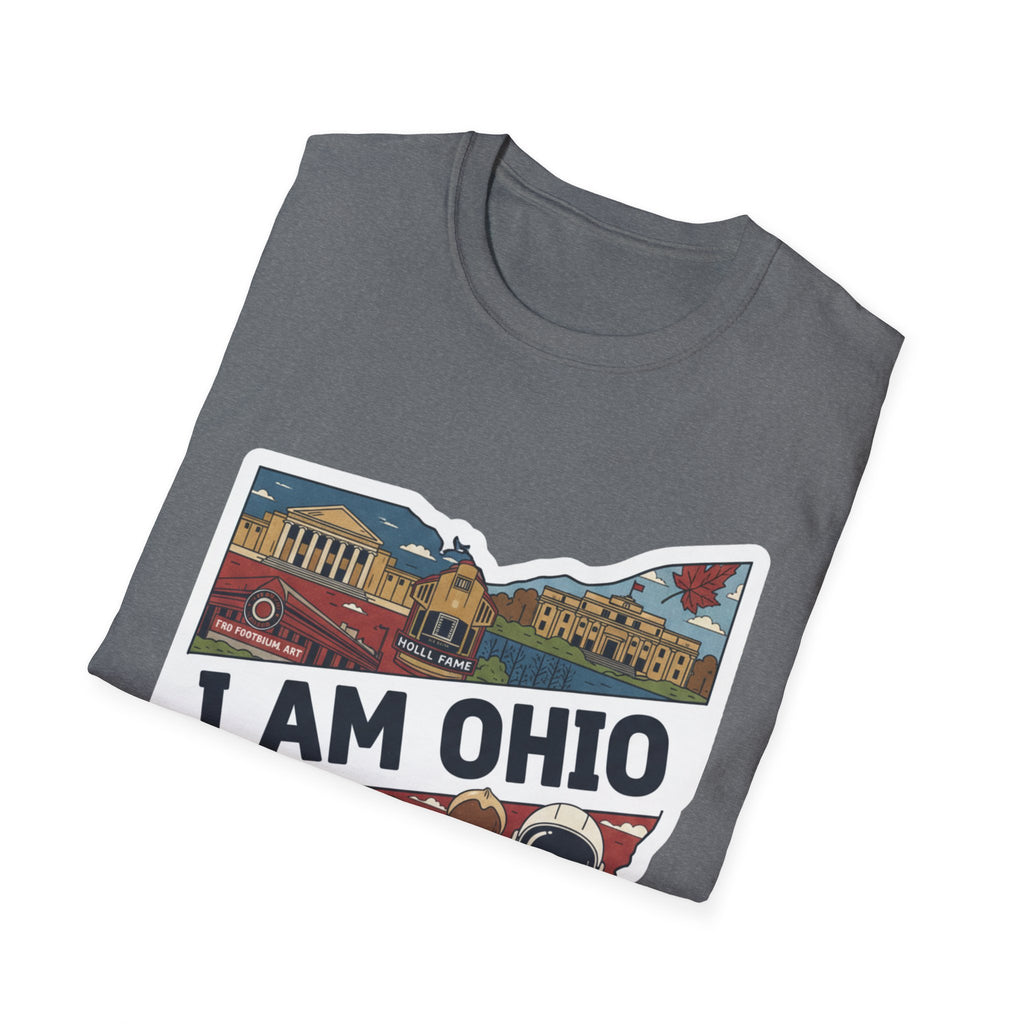 Gray T-shirt with “I AM OHIO” graphic and Ohio landmarks skyline
