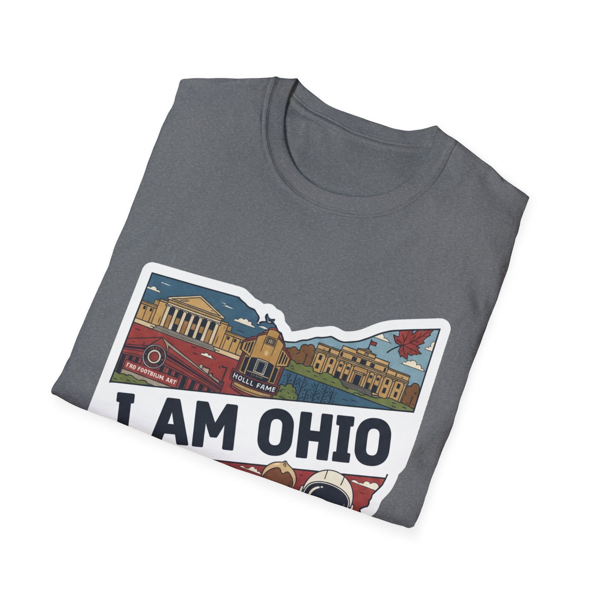 Gray T-shirt with “I AM OHIO” graphic and Ohio landmarks skyline