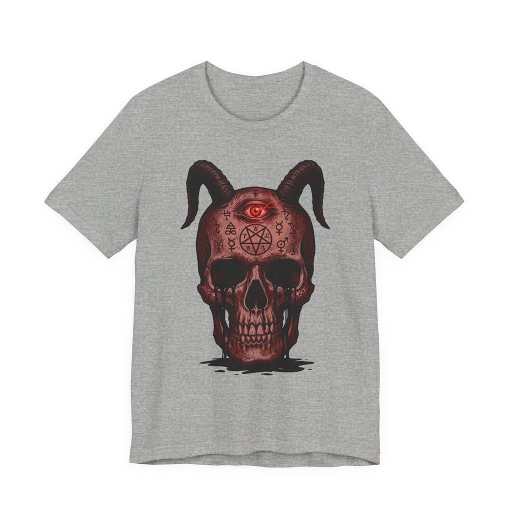 Light grey heather unisex T-shirt with horned skull demon print
