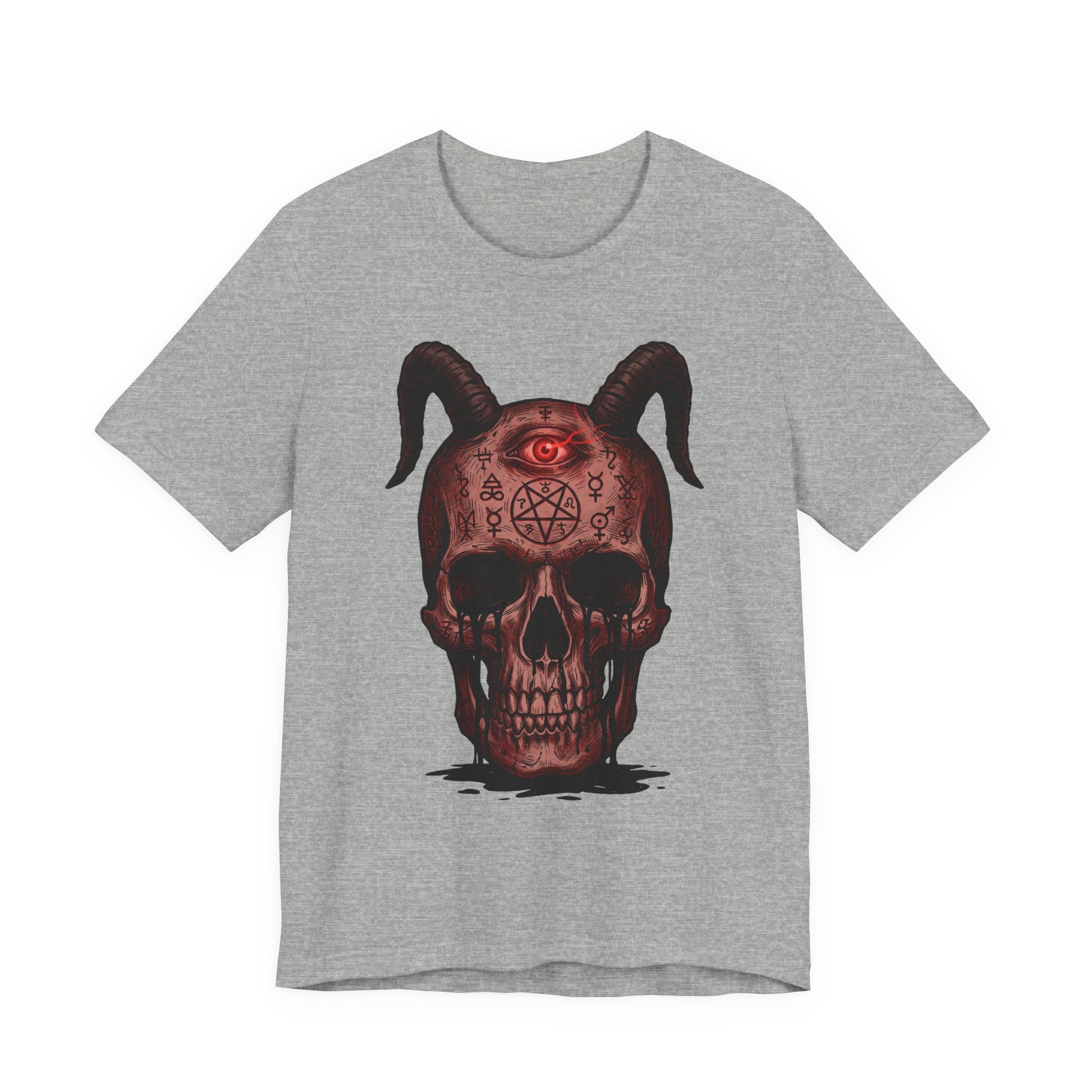 Light grey heather unisex T-shirt with horned skull demon print