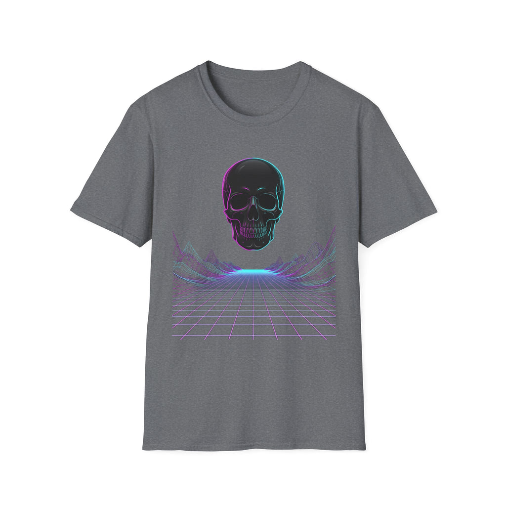 Neon skull T-shirt, dark heather gray front with neon skull and purple grid graphic