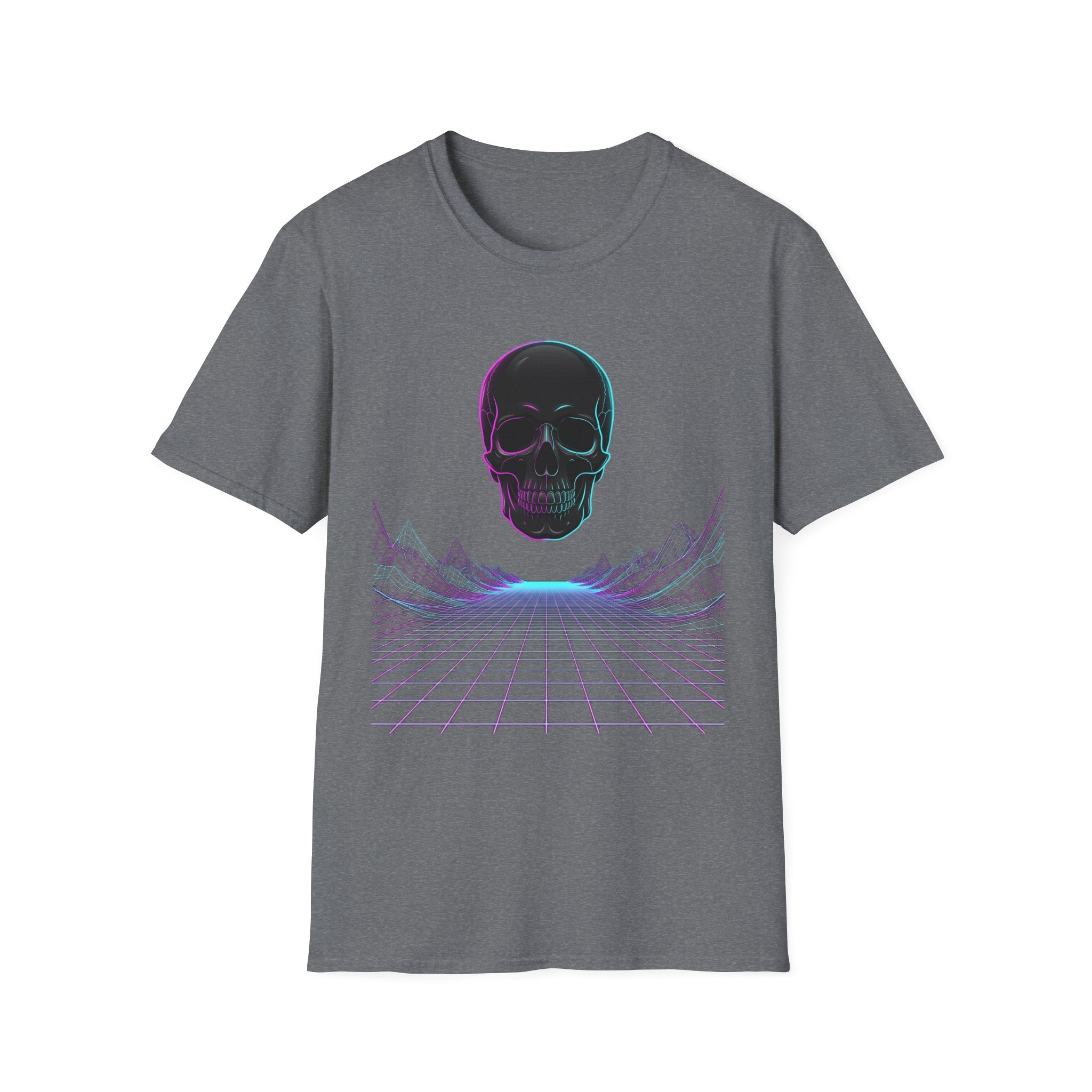 Neon skull T-shirt, dark heather gray front with neon skull and purple grid graphic