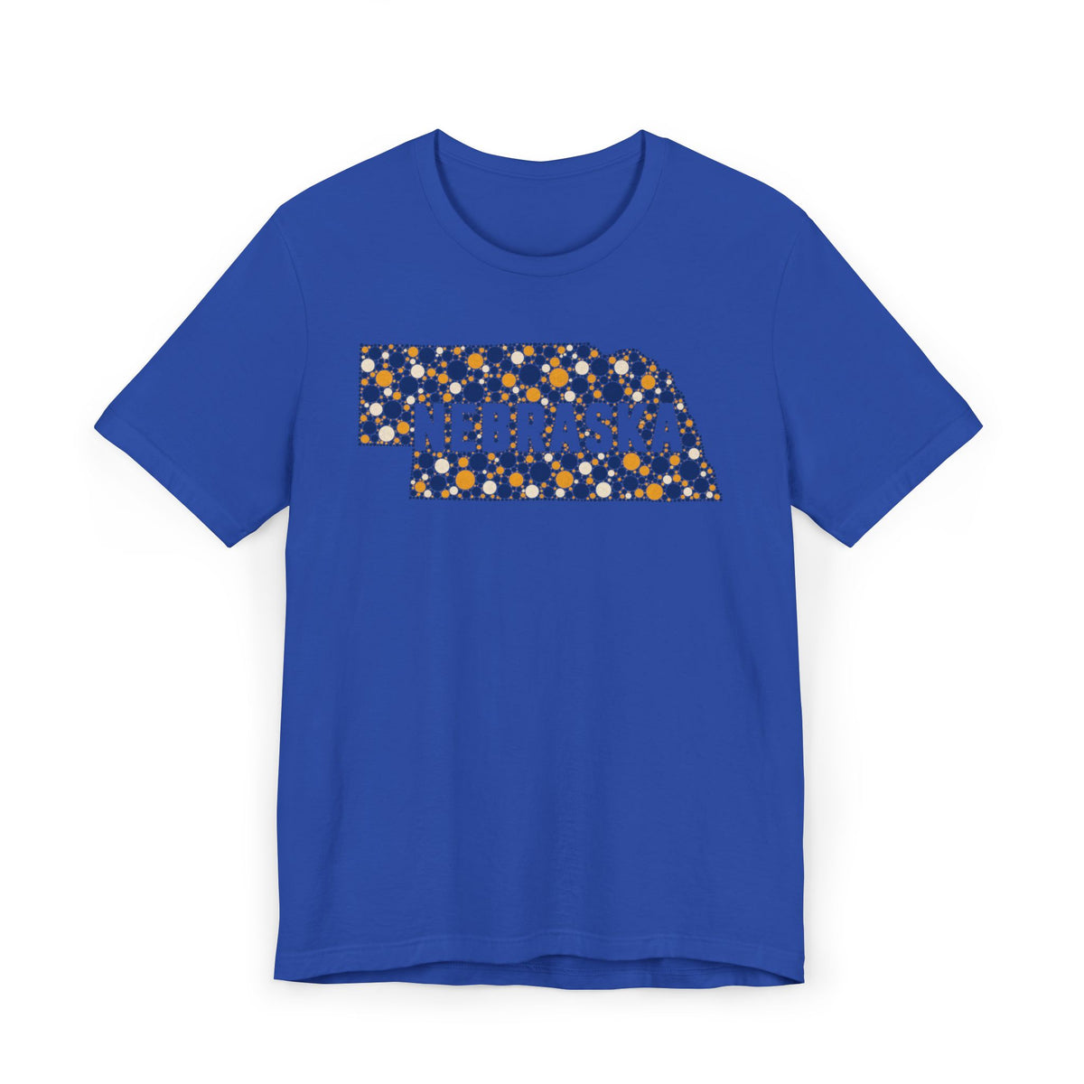 Royal blue Nebraska graphic T-shirt with colorful state outline logo on front