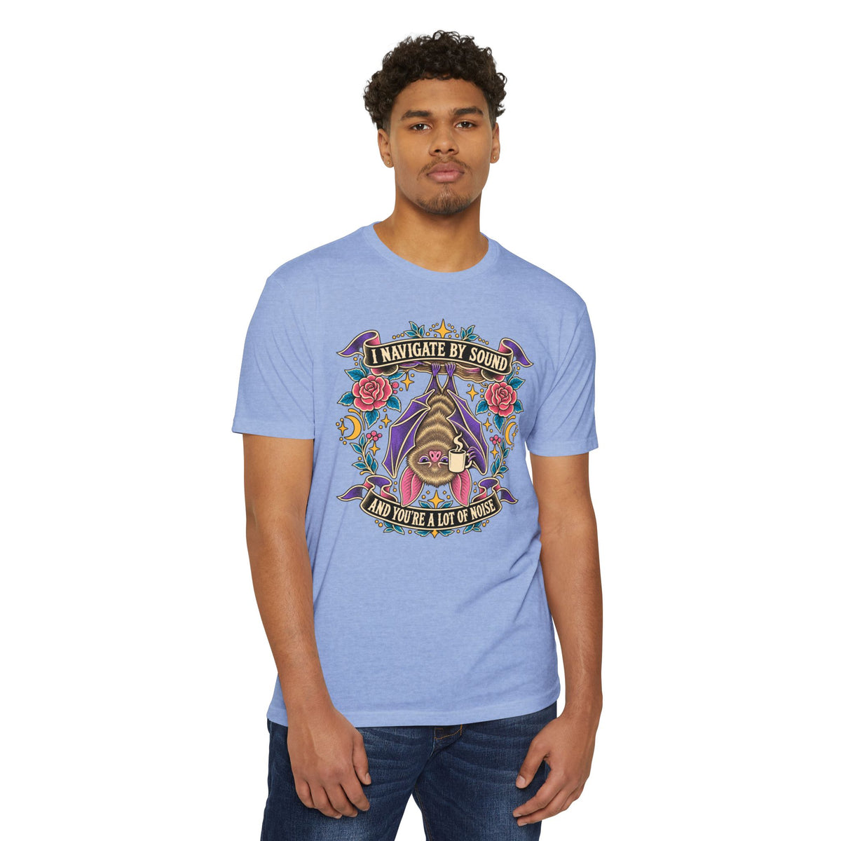 Unisex light blue graphic T-shirt with bat, roses, and music quote print