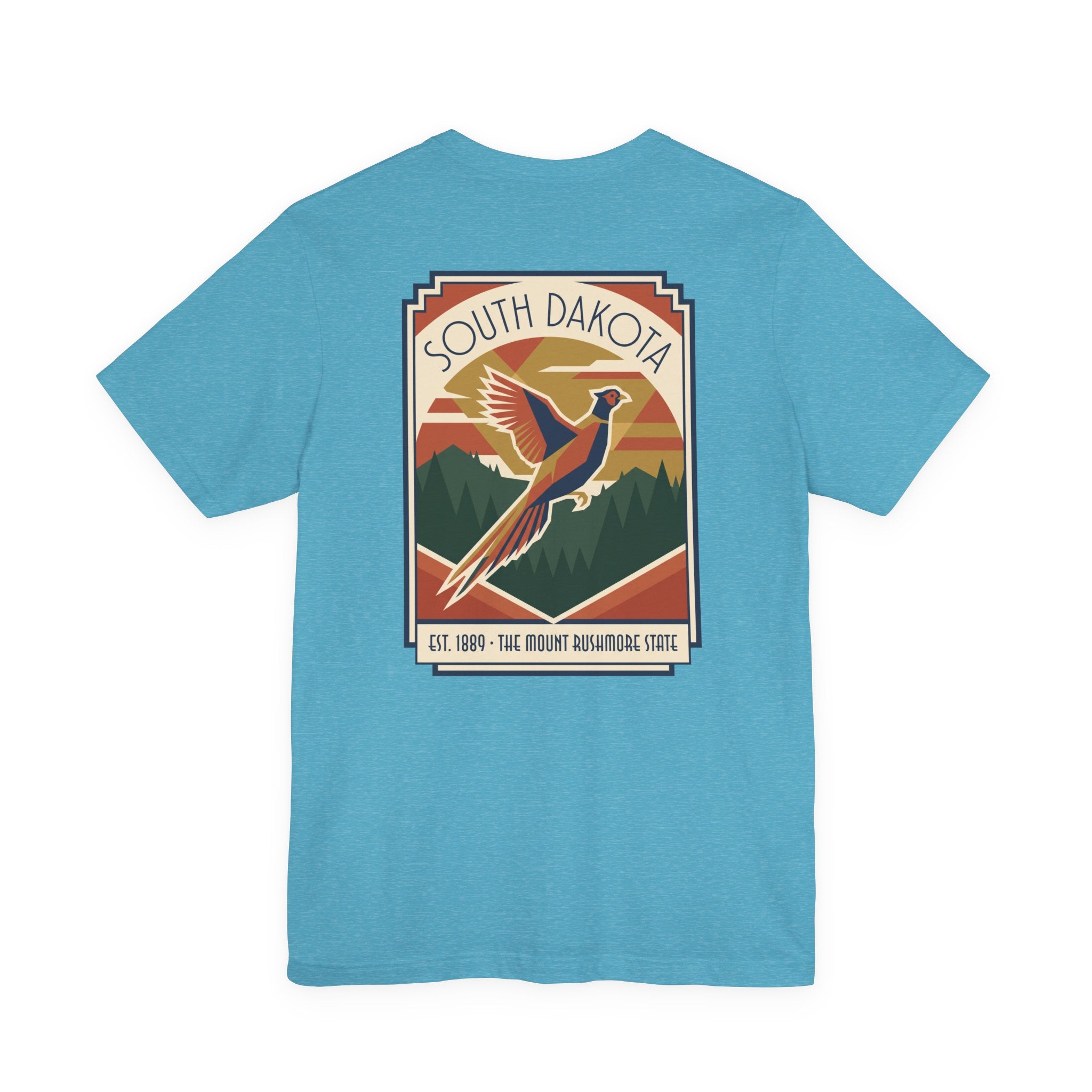 Aqua t-shirt with South Dakota art deco pheasant graphic print
