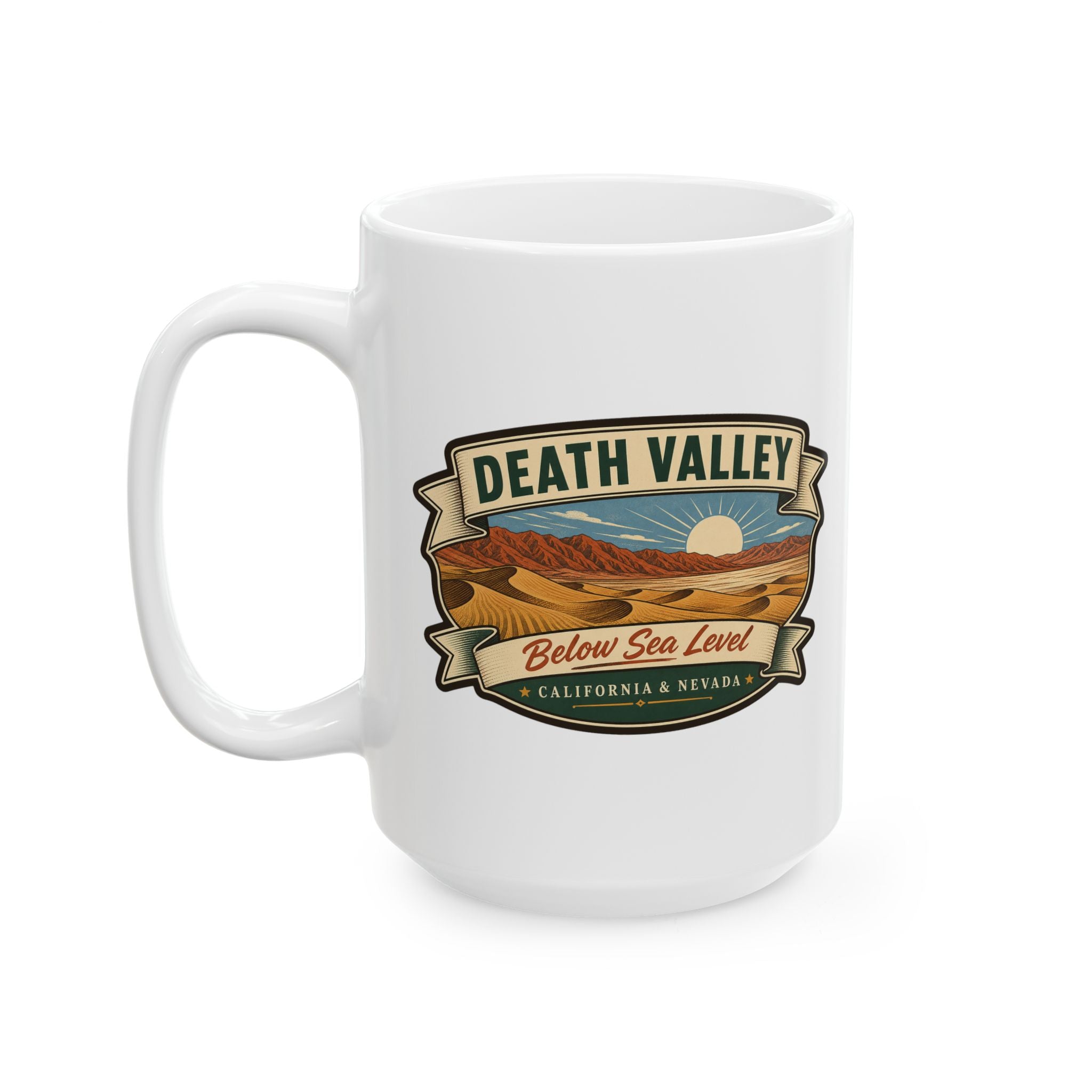 White ceramic mug with Death Valley logo and desert sunset design