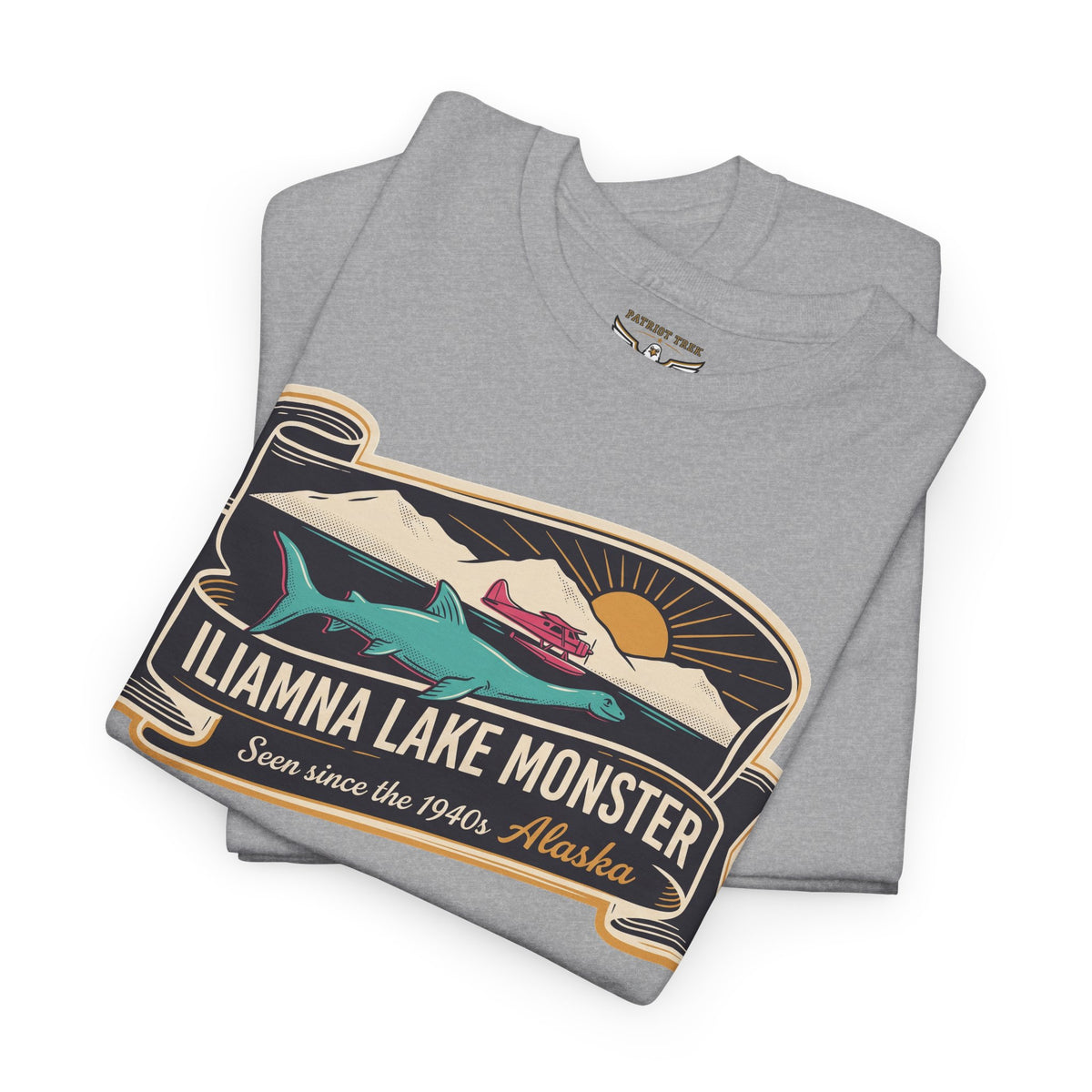 Sport grey lake monster graphic T-shirt with teal creature and vintage badge-style print