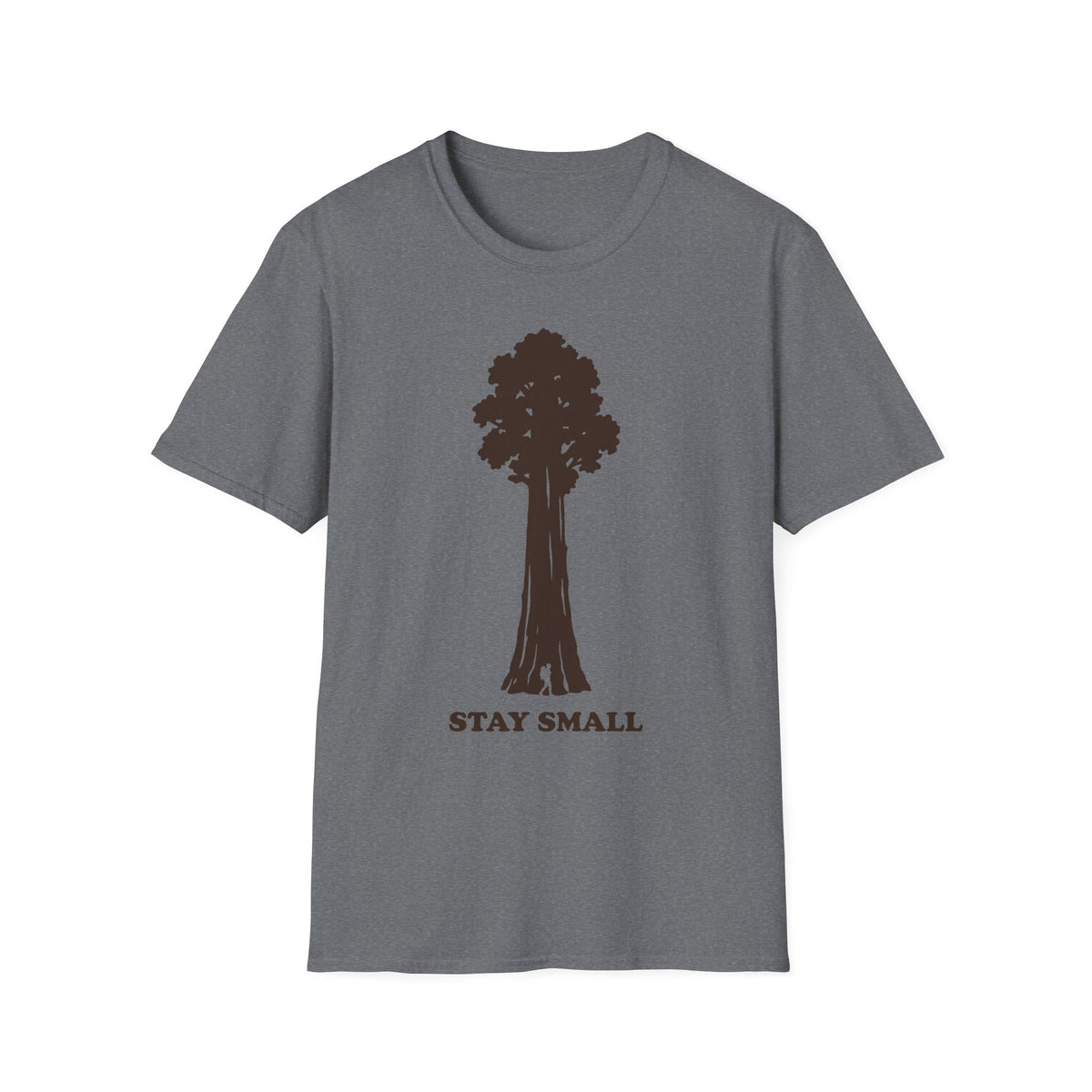Sport gray T-shirt with sequoia tree graphic and 'Stay Small' text on front