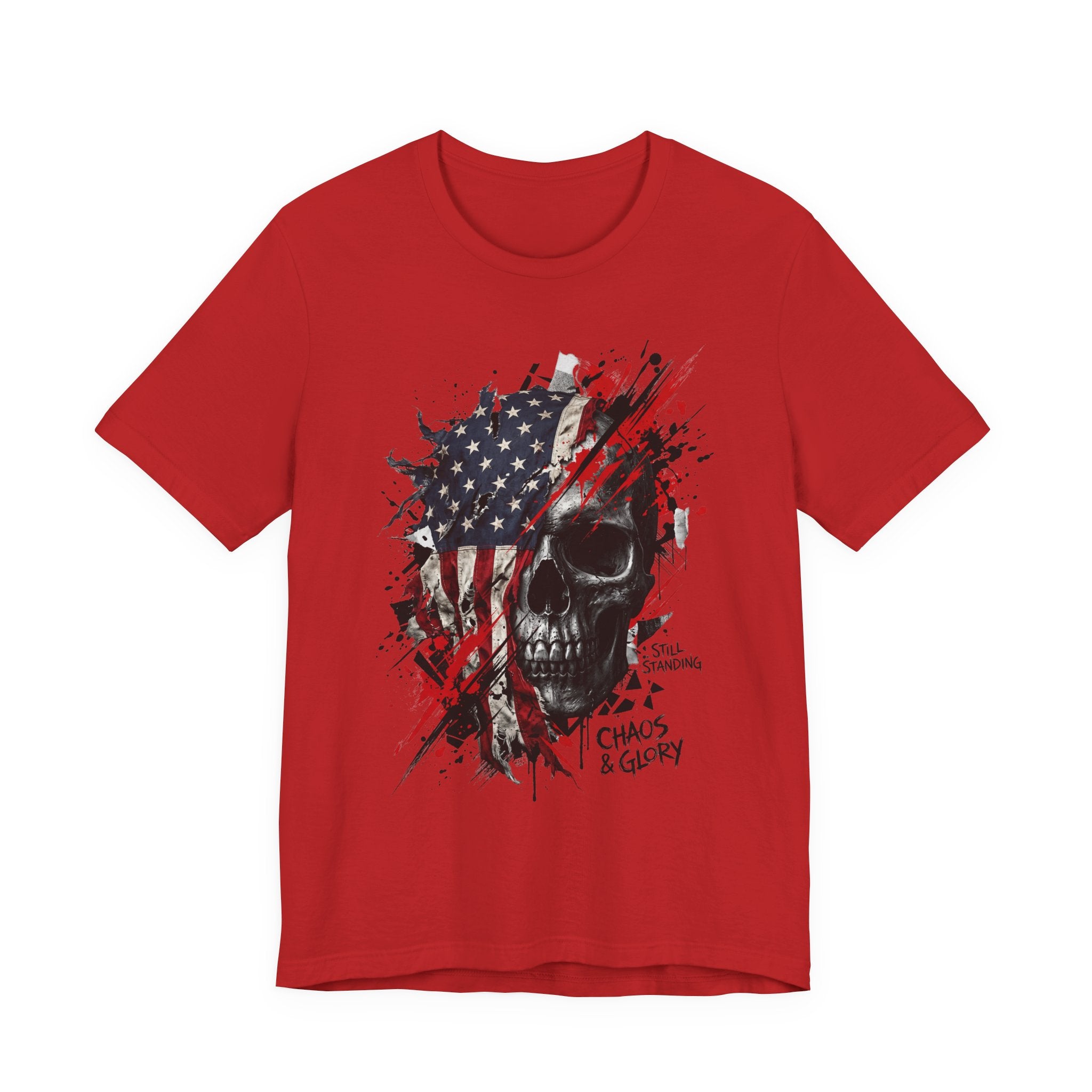Red crewneck T-shirt with skull and American flag graphic on the chest