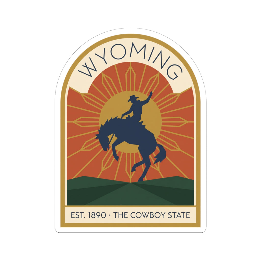 Round-edged arched vinyl sticker showing cowboy on horse with Wyoming lettering